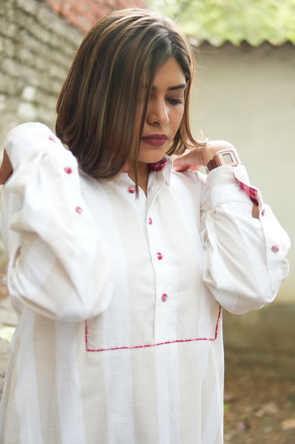 BAHAAR OFF-WHITE AND BEIGE SHIRT KURTA AND CHECKERED PANTS