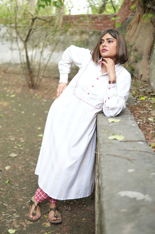 BAHAAR OFF-WHITE AND BEIGE SHIRT KURTA AND CHECKERED PANTS