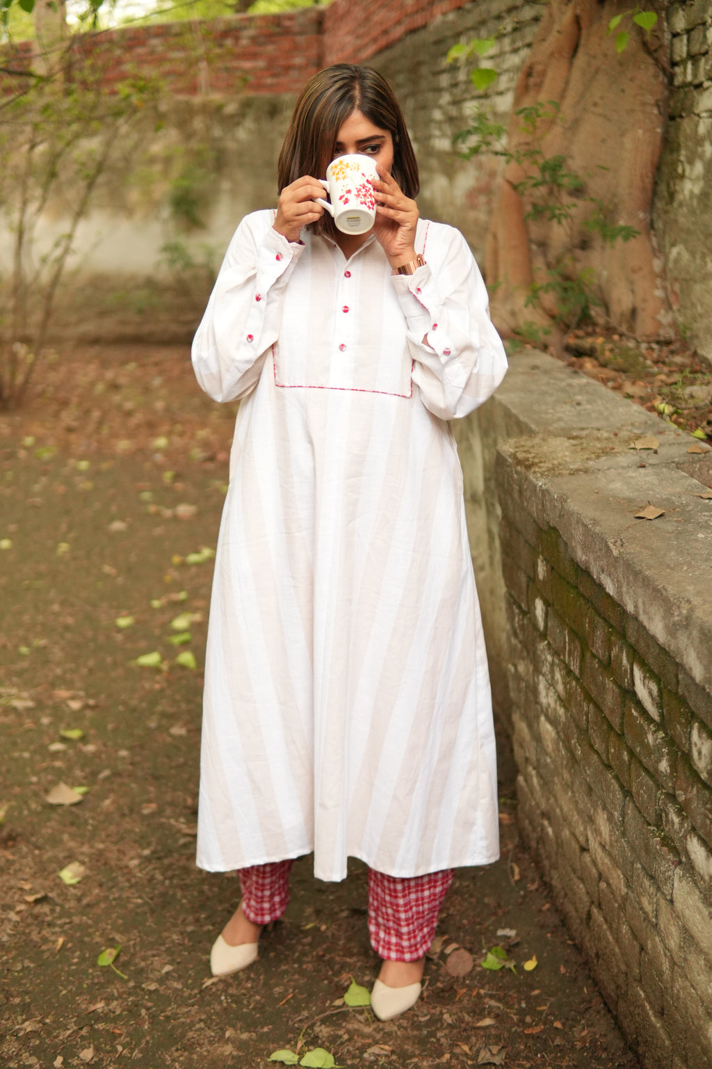 BAHAAR OFF-WHITE AND BEIGE SHIRT KURTA AND CHECKERED PANTS