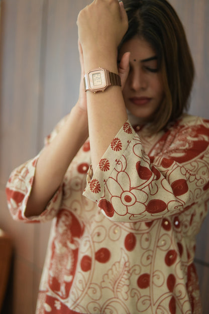 OCHRE AND IVORY KALAMKARI A-LINE KURTA AND PANTS