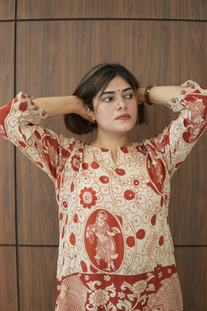 OCHRE AND IVORY KALAMKARI A-LINE KURTA AND PANTS