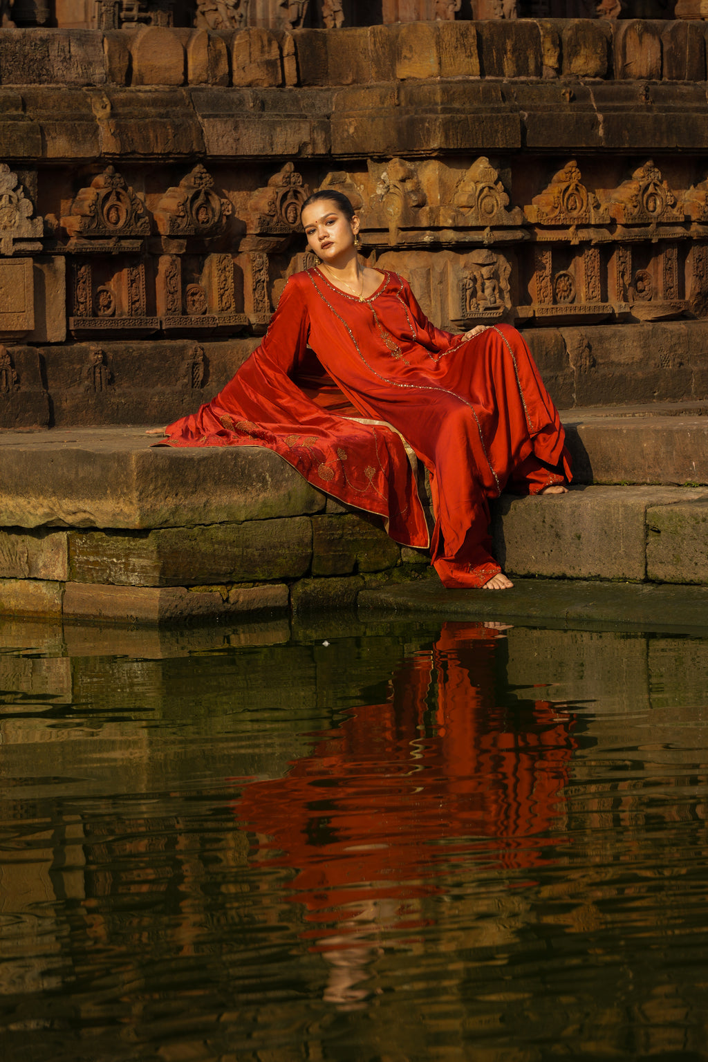 NAAYIKA SINDOOR Hand-Embroidered Pure Modal Silk Kurta Set