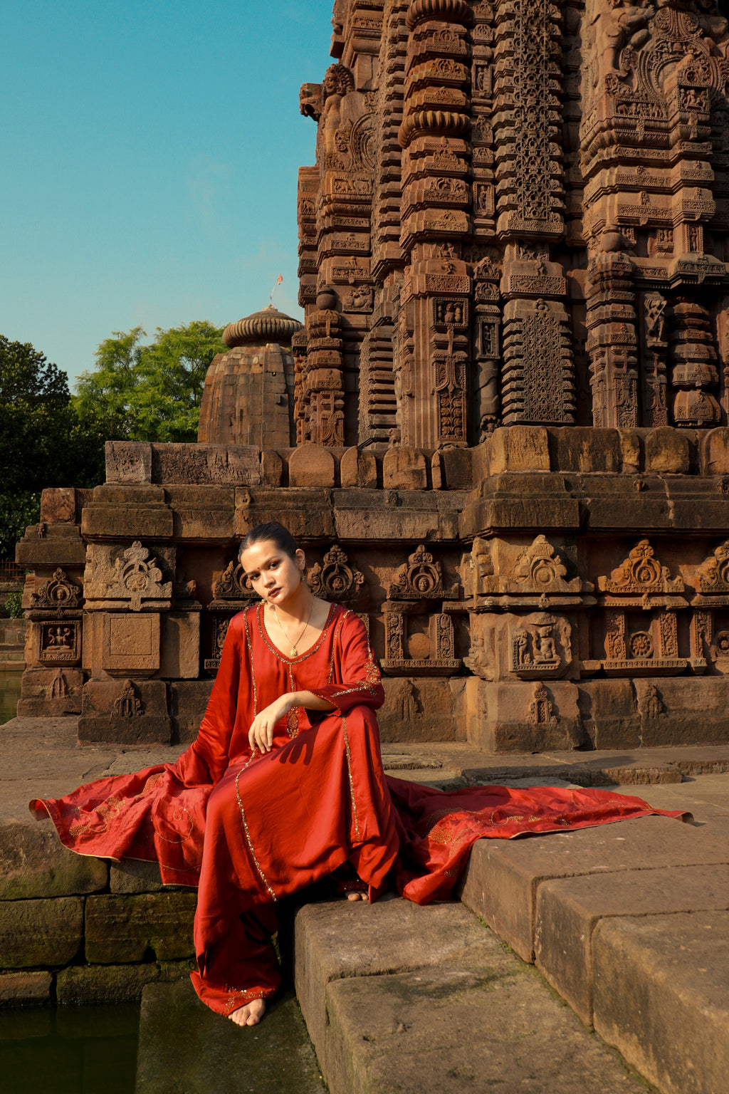 NAAYIKA SINDOOR Hand-Embroidered Pure Modal Silk Kurta Set