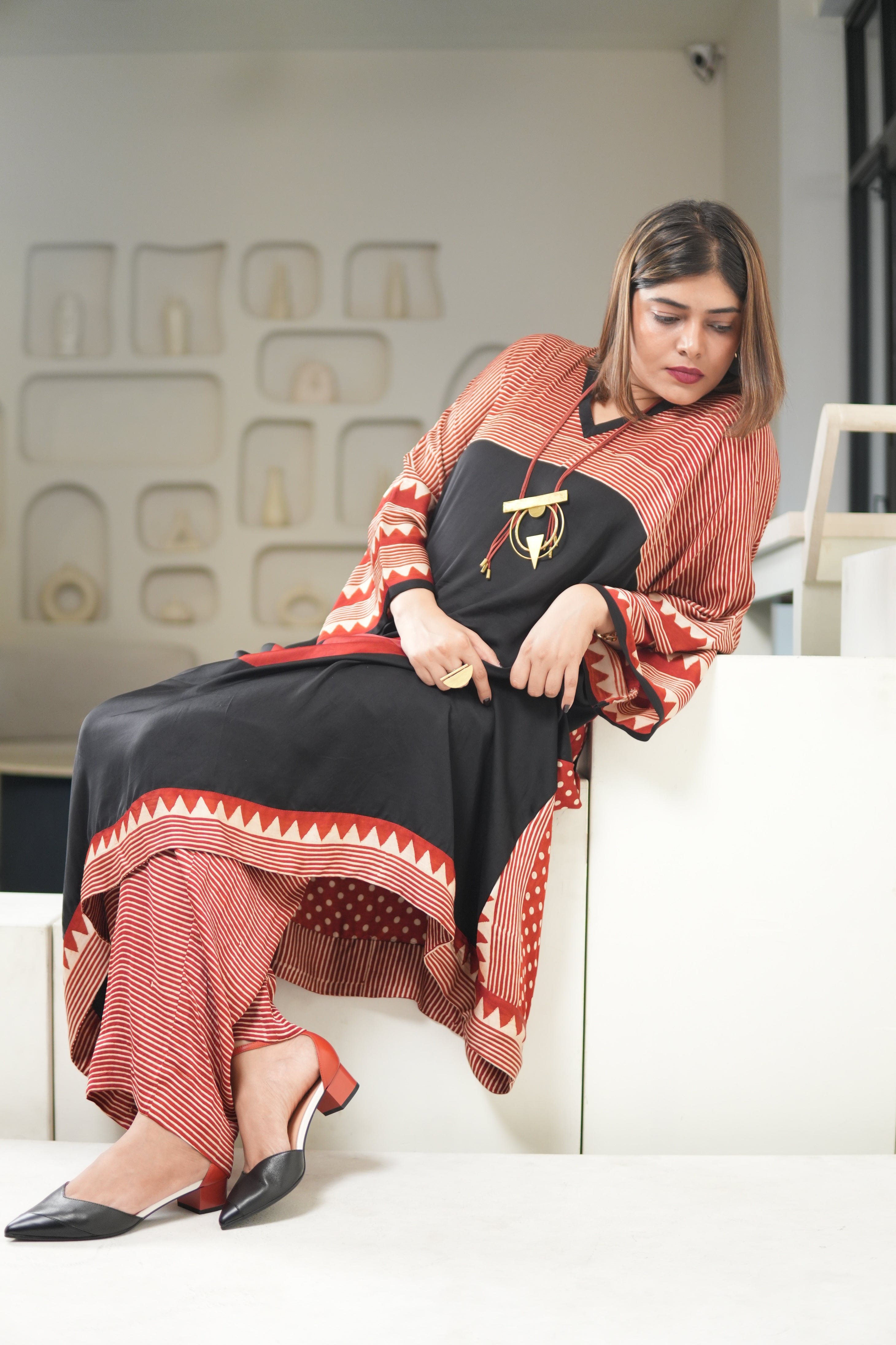 Sinduri I Ajrakh Modal Silk Kaftan Set for Women