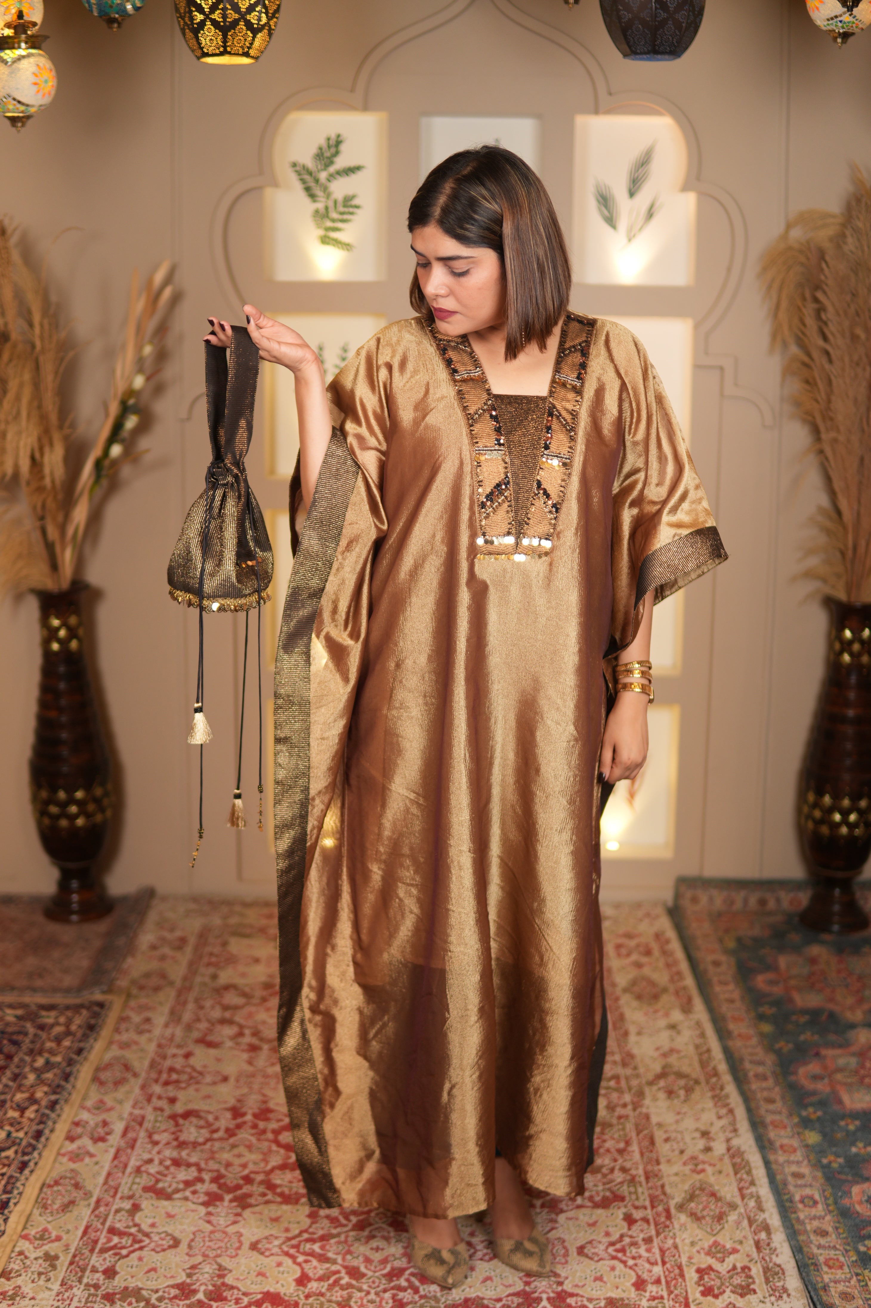 SUNEHRI CRUSHED TISSUE LONG KAFTAN