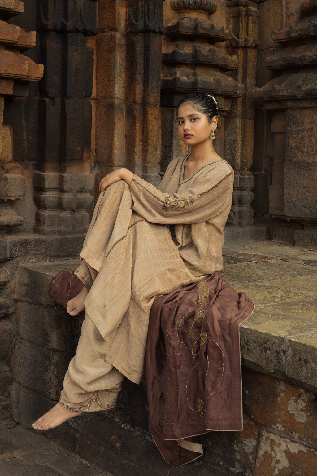 NAAYIKA CHANDAN Hand-Embroidered Pure Modal Silk Kurta Set