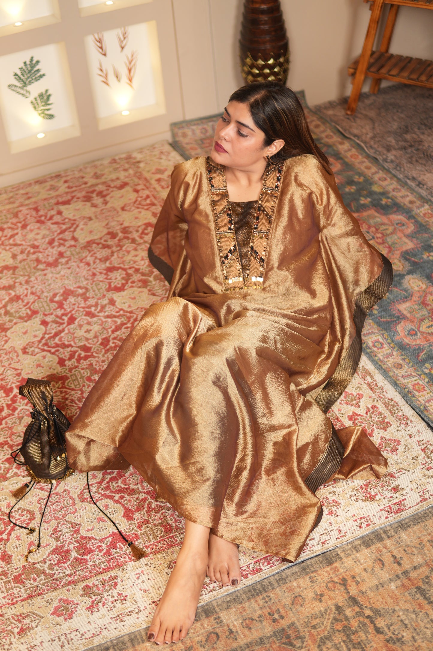 SUNEHRI CRUSHED TISSUE LONG KAFTAN