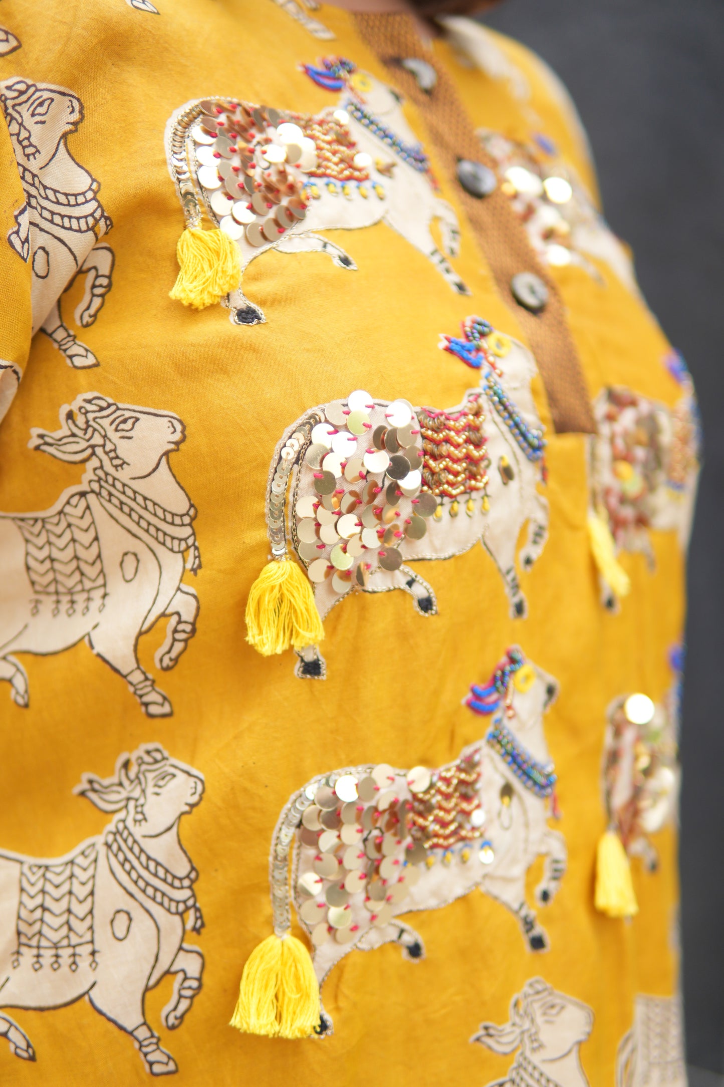 NANDI MUSTARD KALAMKARI SHORT LENGTH KURTA AND PANTS