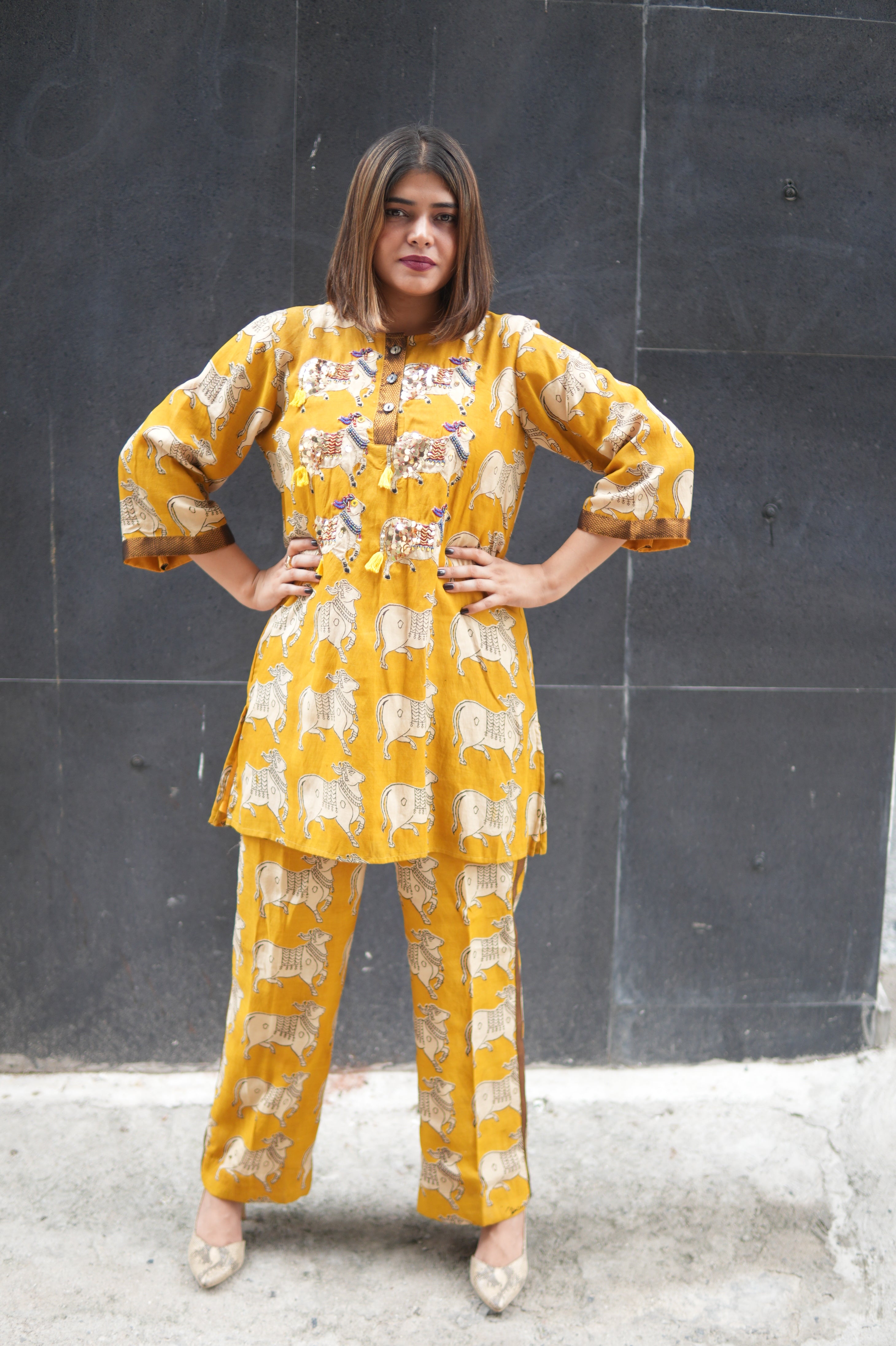 Nandi Mustard Kalamkari Short Kurta Set