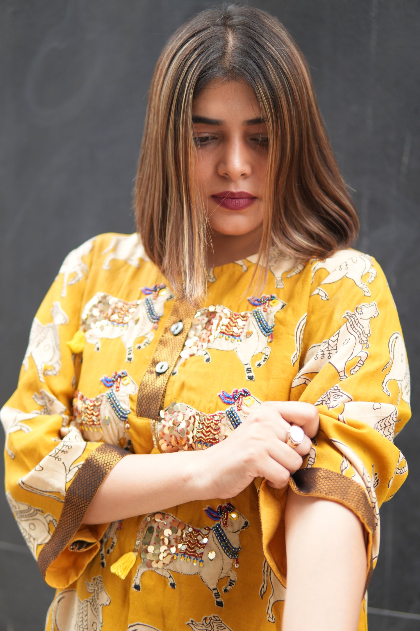 NANDI MUSTARD KALAMKARI SHORT LENGTH KURTA AND PANTS