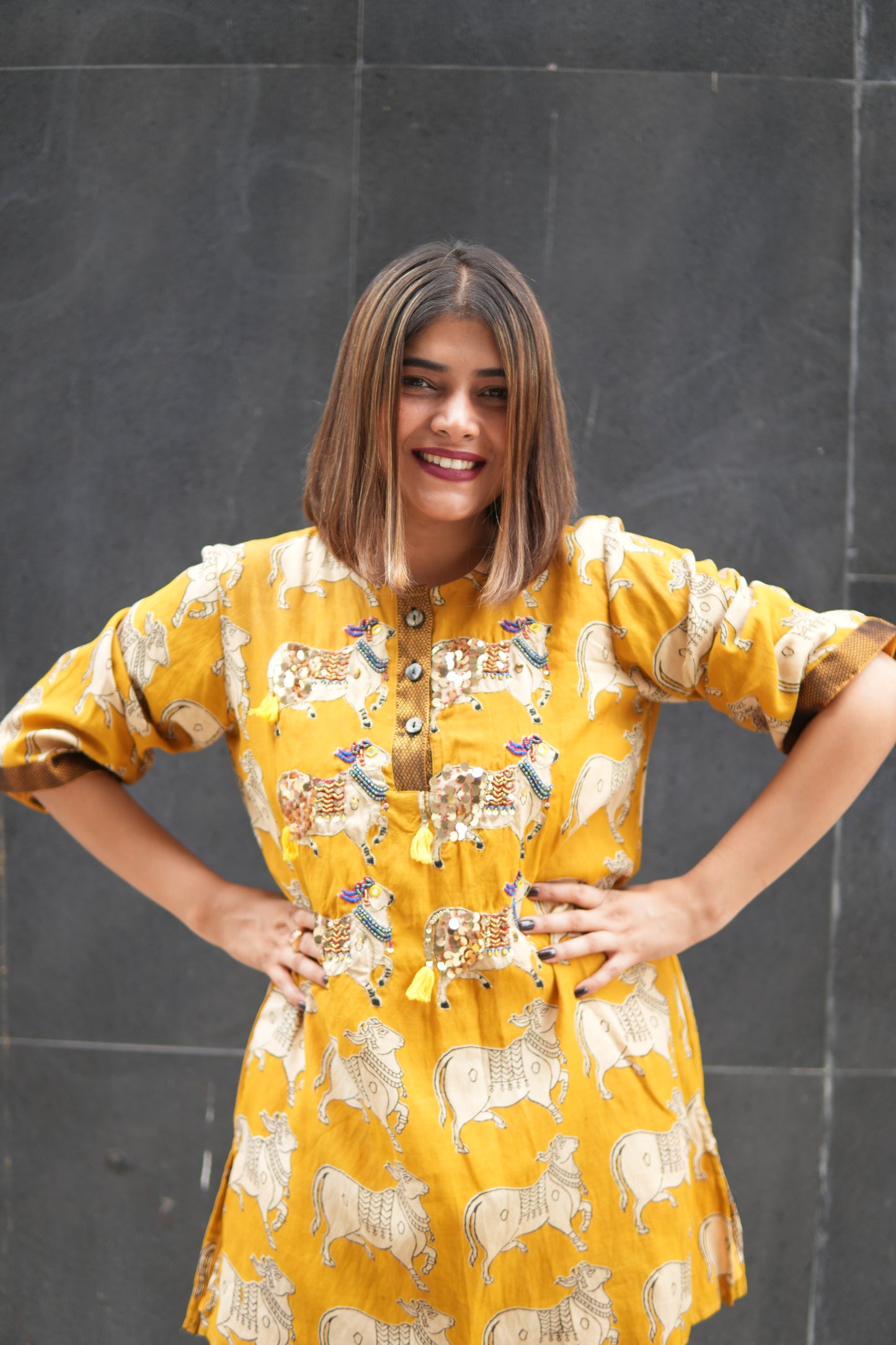 NANDI MUSTARD KALAMKARI SHORT LENGTH KURTA AND PANTS