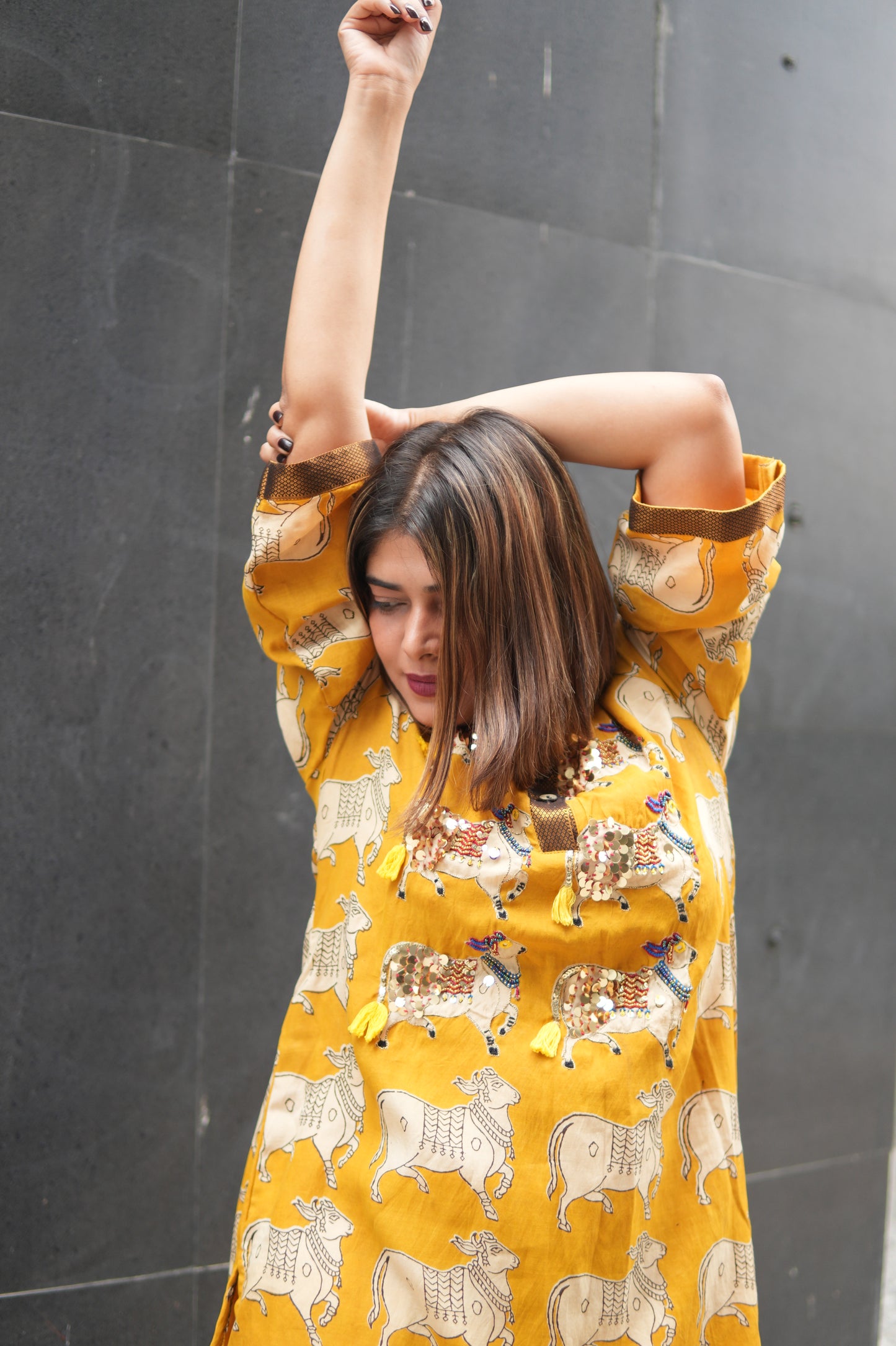 NANDI MUSTARD KALAMKARI SHORT LENGTH KURTA AND PANTS