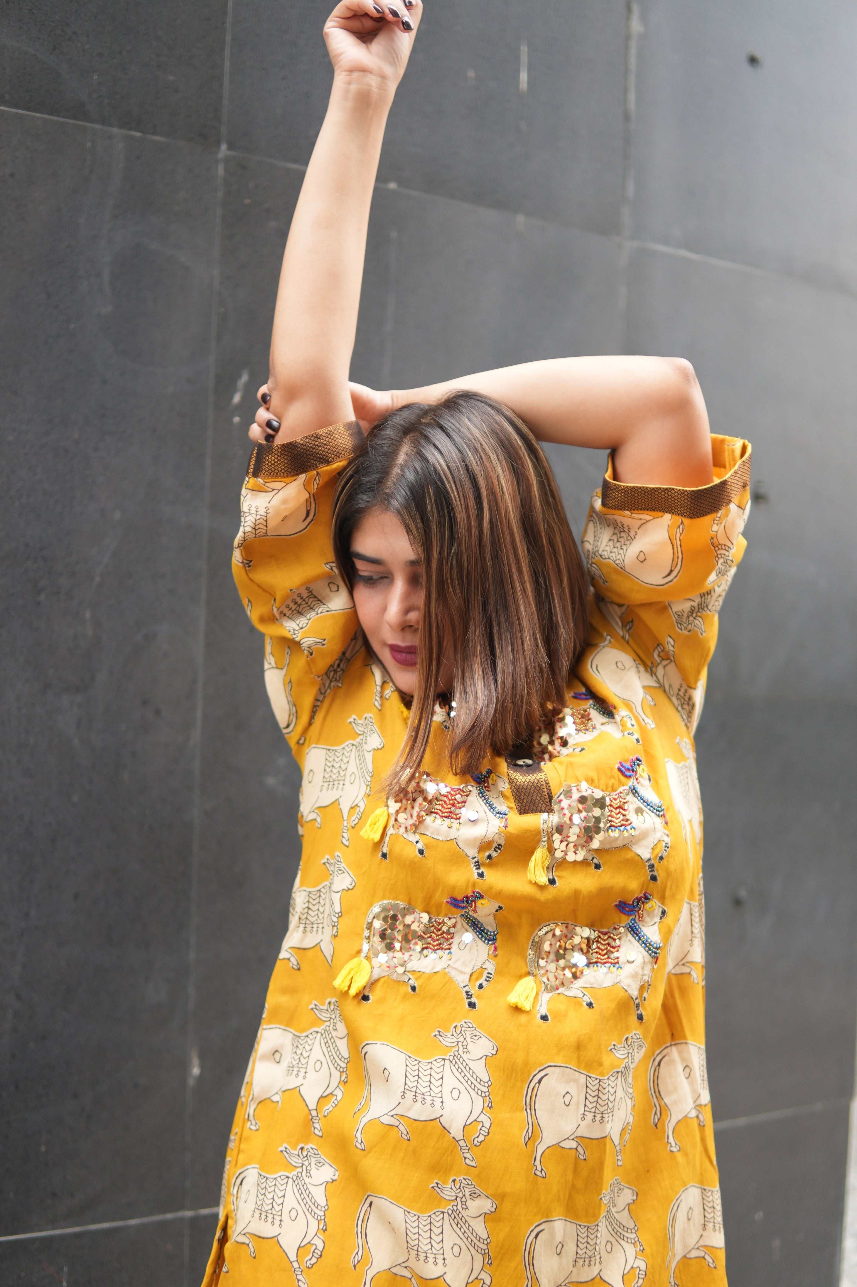 Nandi Mustard Kalamkari Short Kurta Set