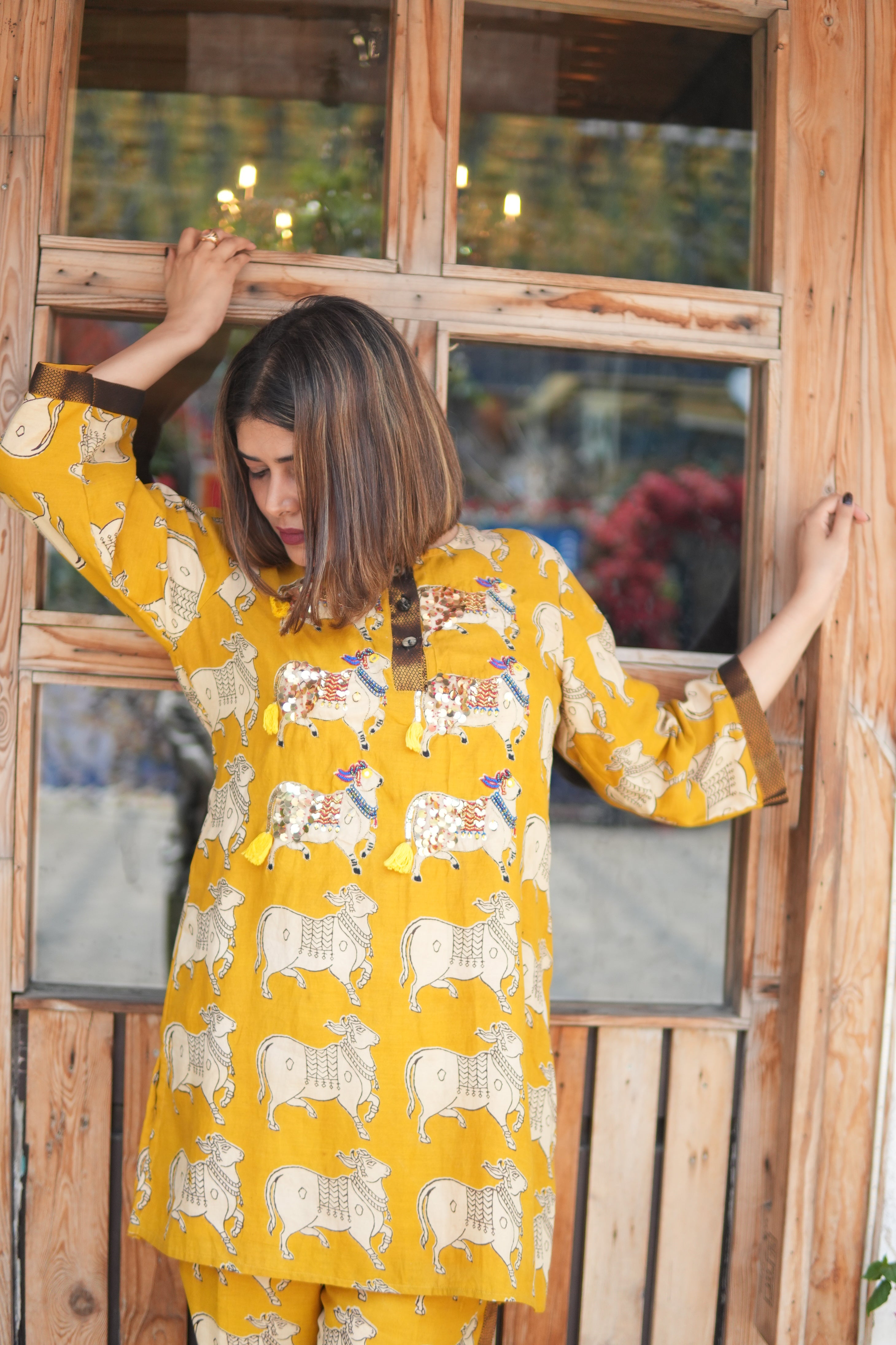 Nandi Mustard Kalamkari Short Kurta Set