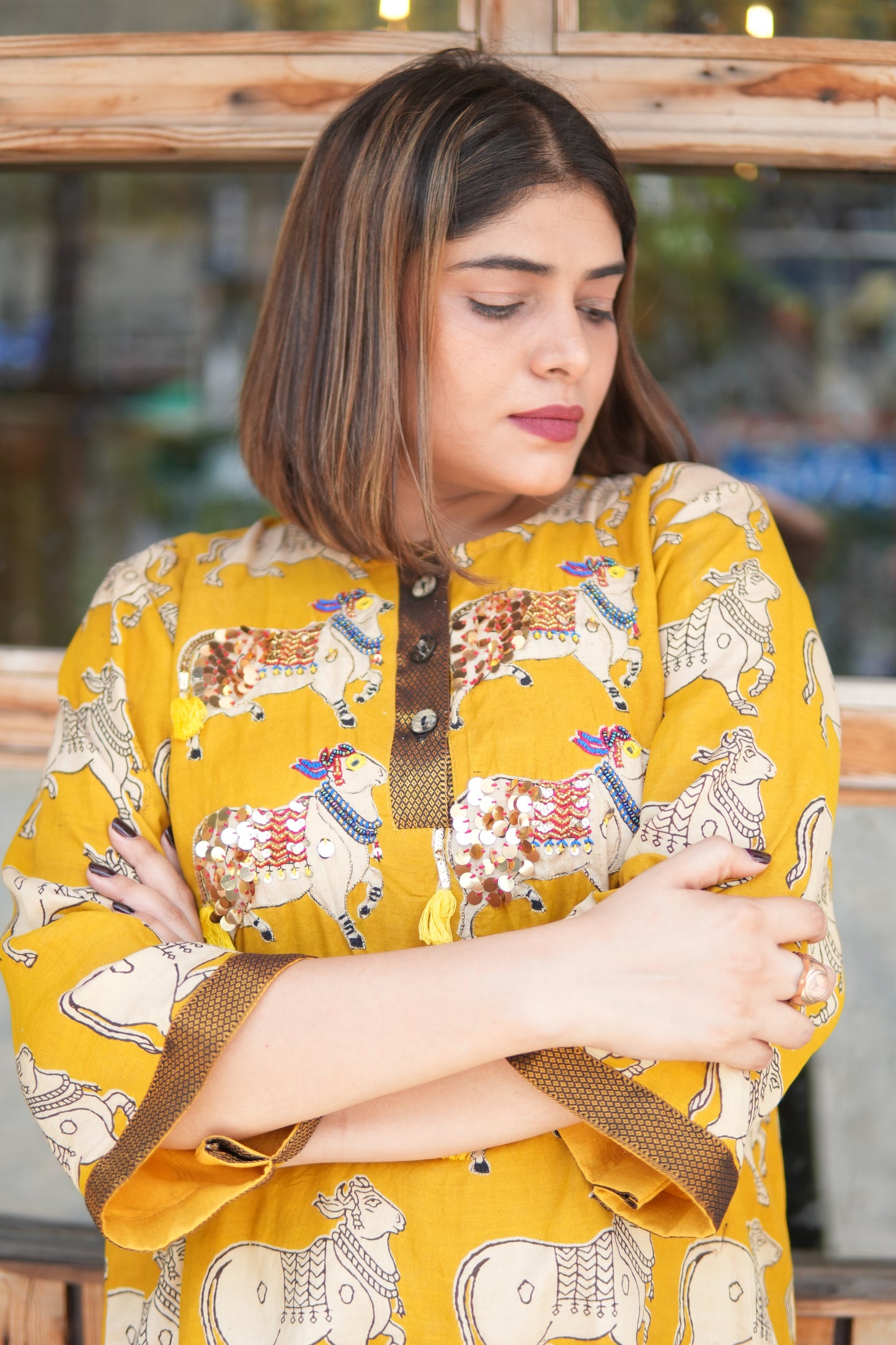 NANDI MUSTARD KALAMKARI SHORT LENGTH KURTA AND PANTS