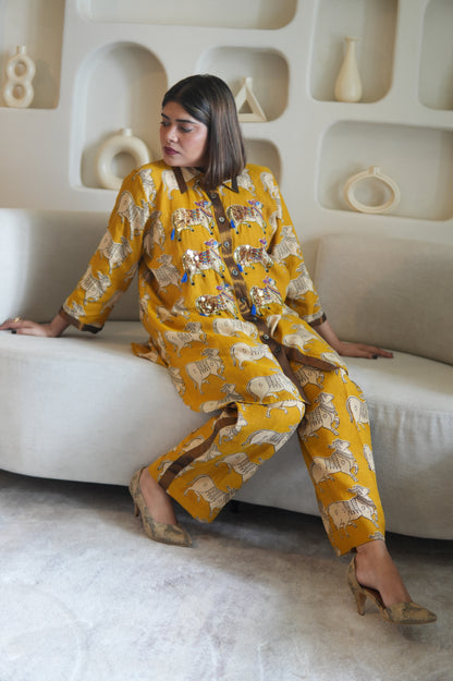 NANDI KALAMKARI COLLARED SHIRT AND PANTS WITH HAND EMBROIDERY
