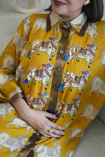 NANDI KALAMKARI COLLARED SHIRT AND PANTS WITH HAND EMBROIDERY