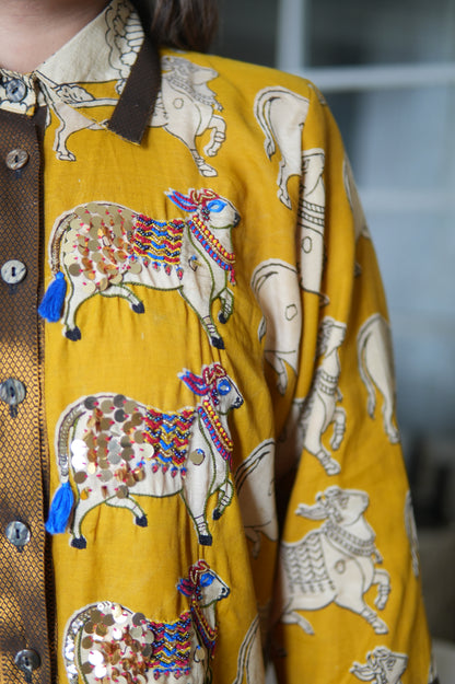 NANDI KALAMKARI COLLARED SHIRT AND PANTS WITH HAND EMBROIDERY
