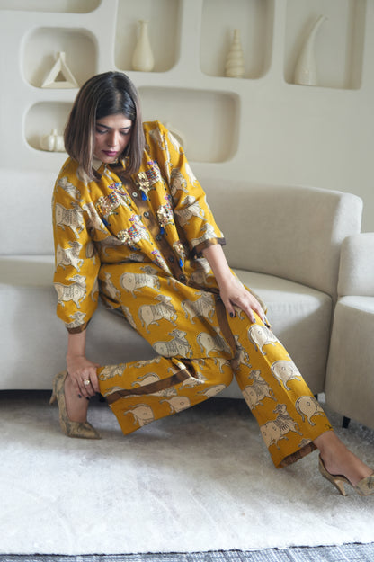 NANDI KALAMKARI COLLARED SHIRT AND PANTS WITH HAND EMBROIDERY