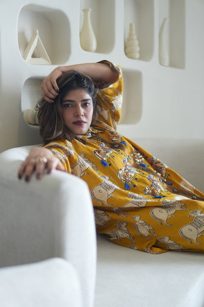 NANDI KALAMKARI COLLARED SHIRT AND PANTS WITH HAND EMBROIDERY
