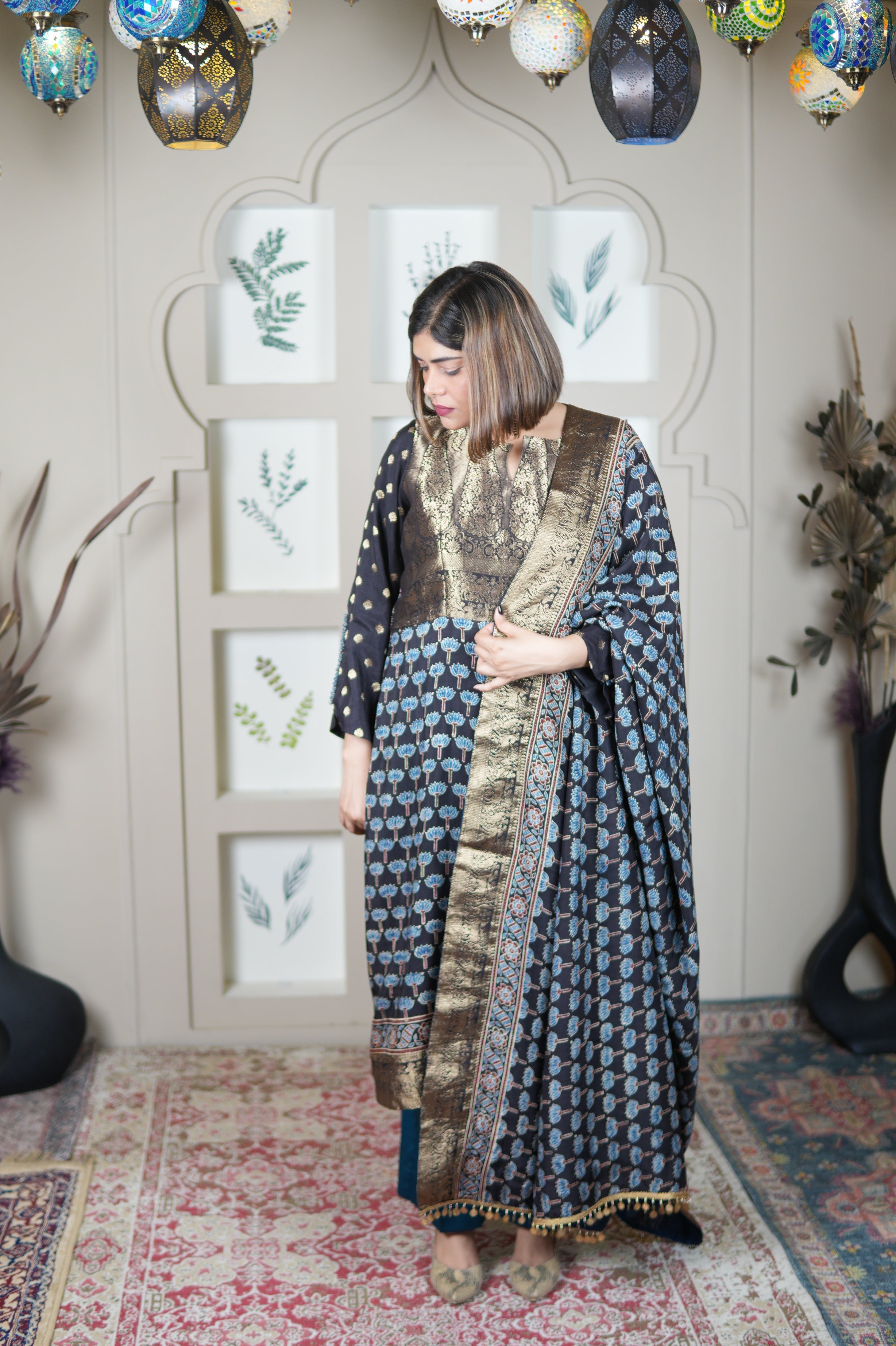 NEEL AJRAKH KURTA PANTS AND DUPATTA SET