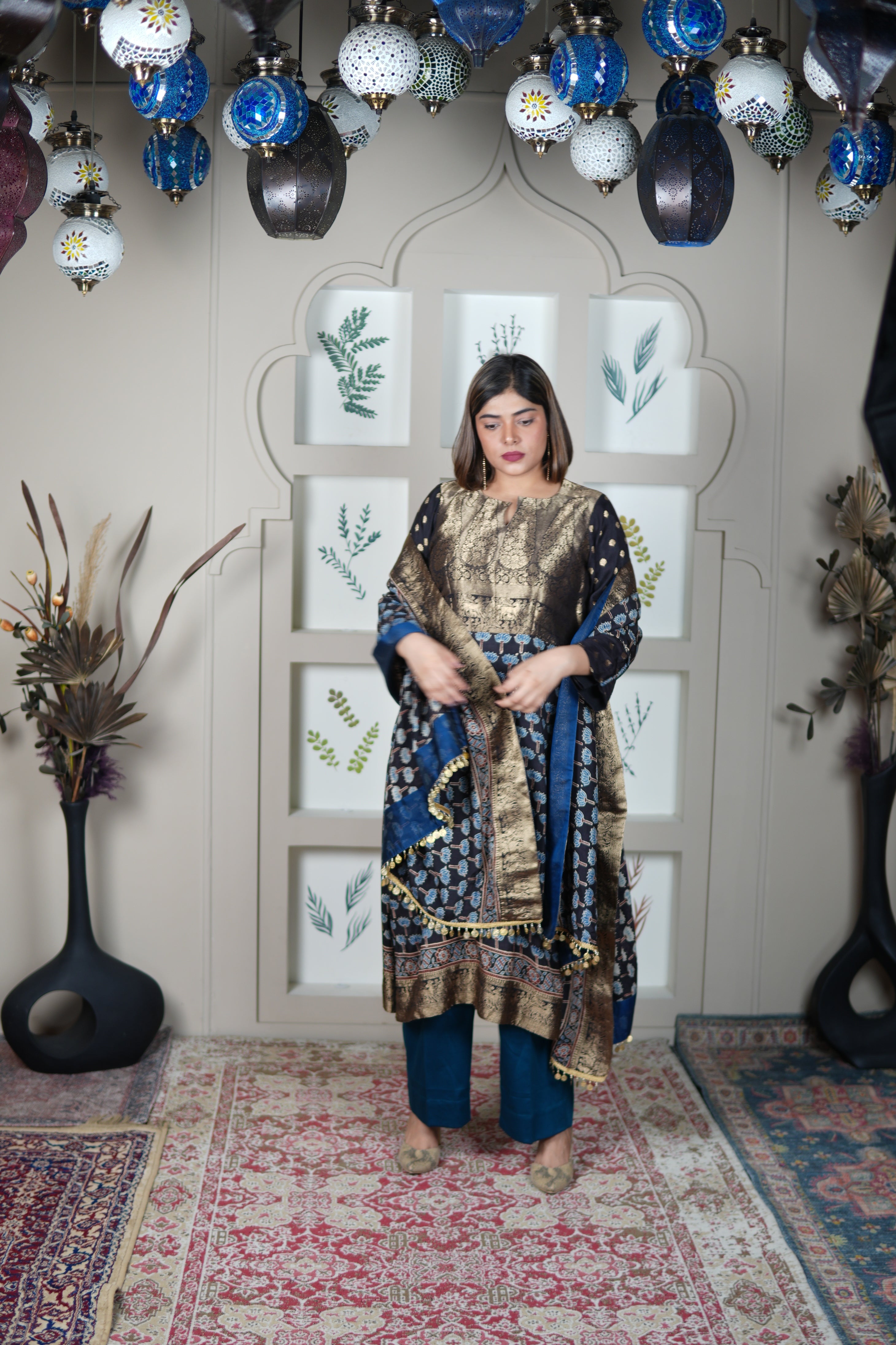 NEEL AJRAKH KURTA PANTS AND DUPATTA SET