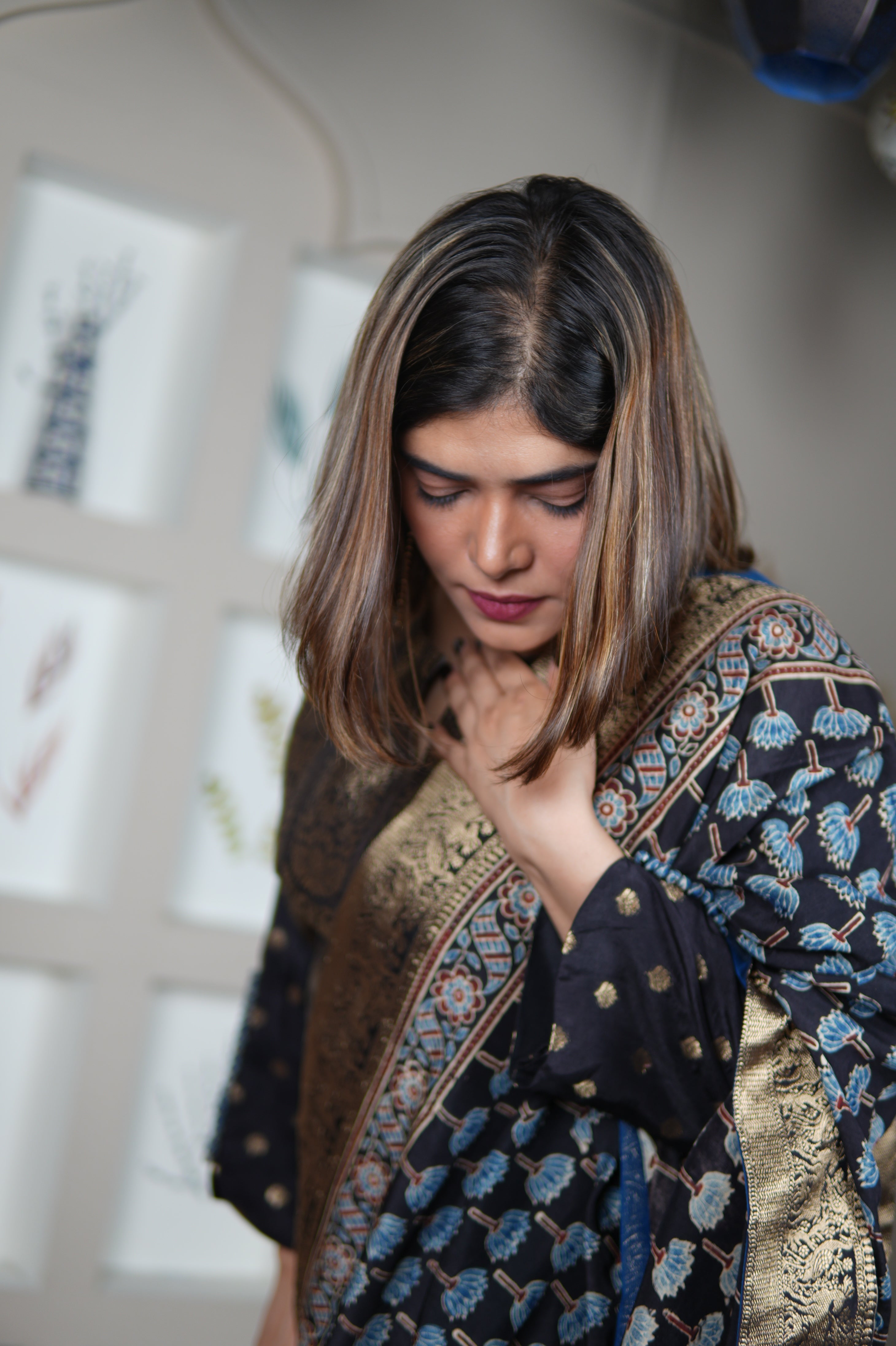 NEEL AJRAKH KURTA PANTS AND DUPATTA SET