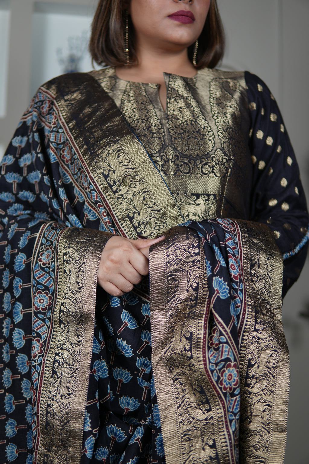 NEEL AJRAKH KURTA PANTS AND DUPATTA SET