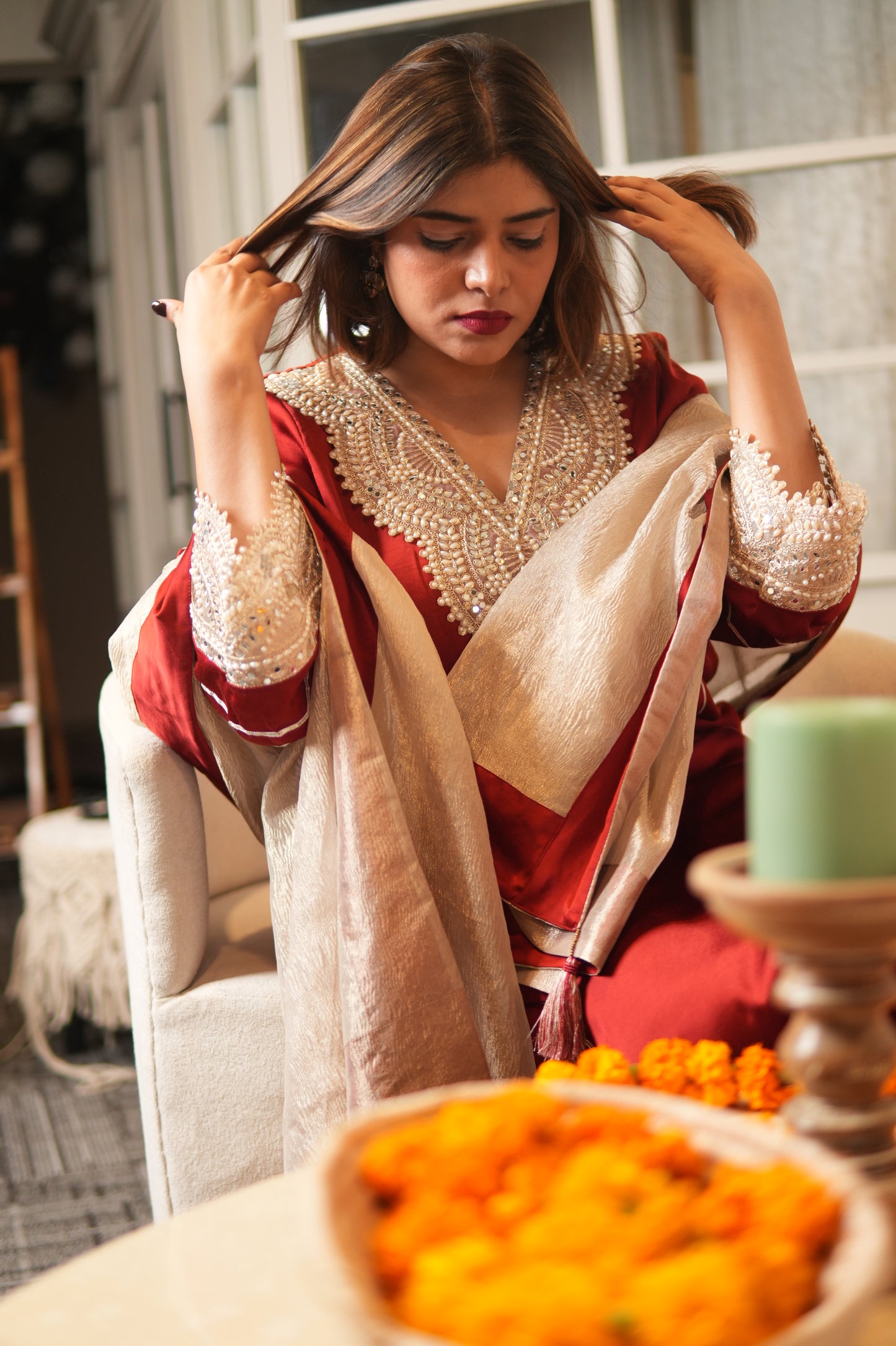 NOOR-E-GUL RUBY RED EMBELLISHED KURTA SET