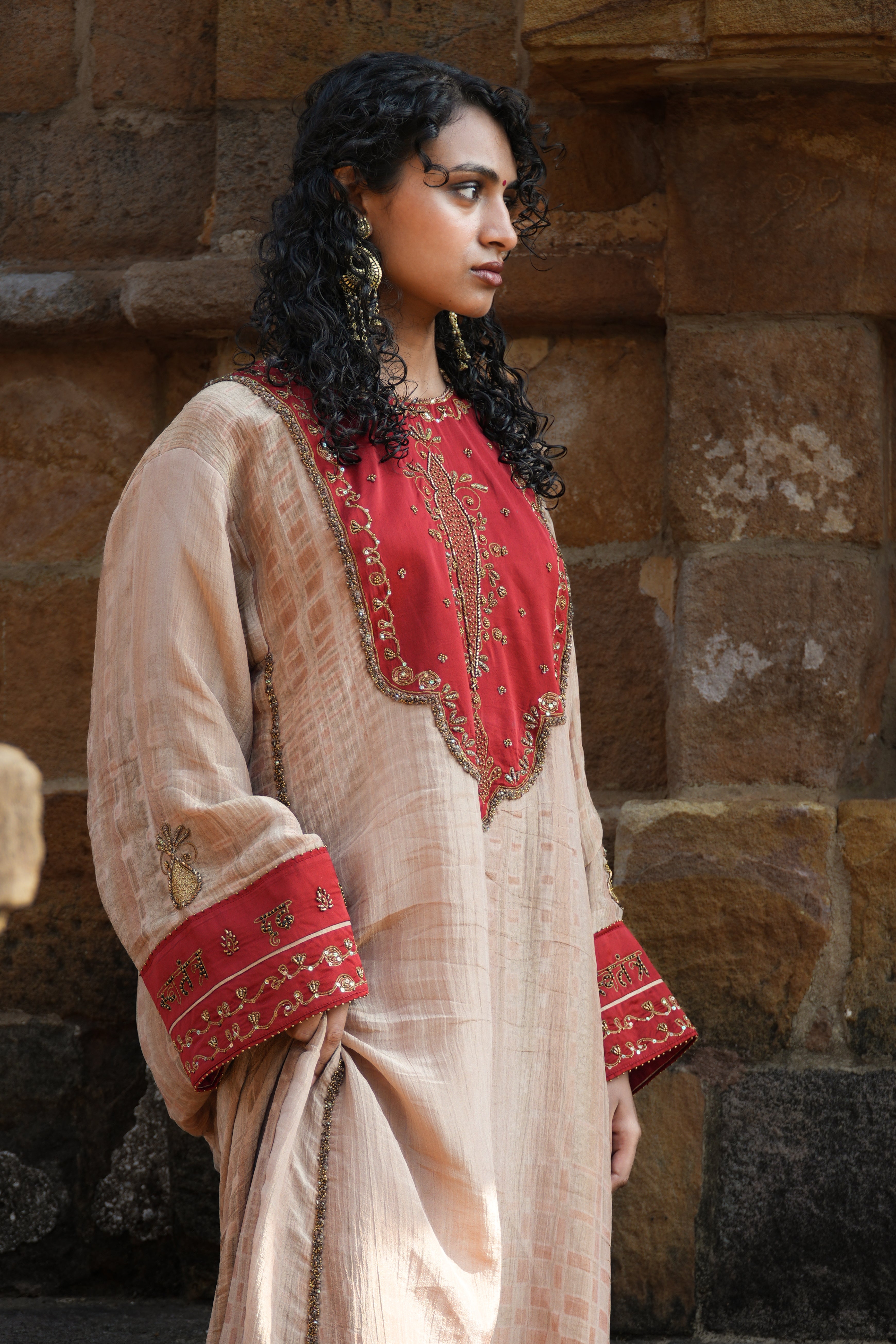 RUHAANI Hand-Embroidered Crushed Chanderi Tissue Kurta Set