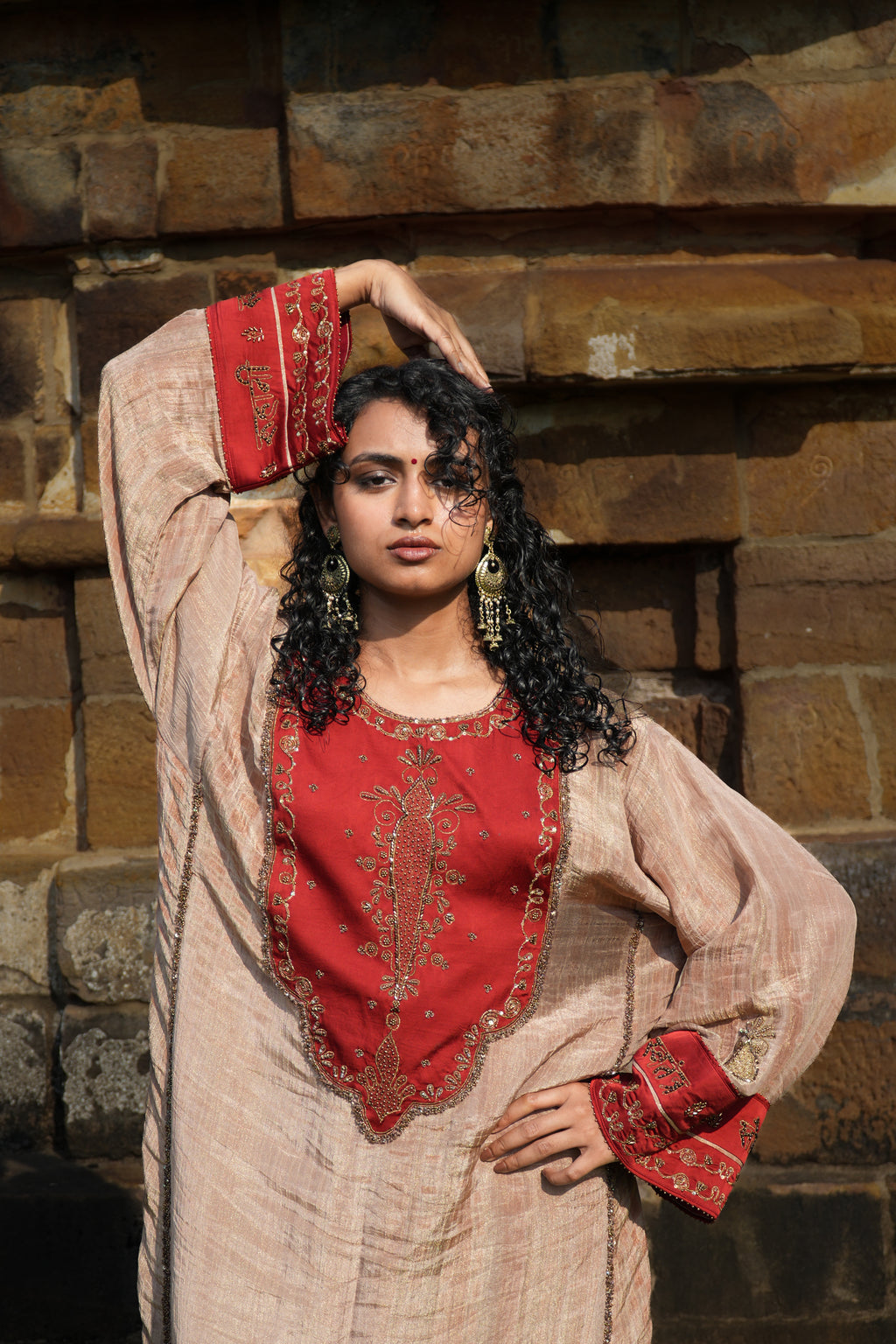 RUHAANI Hand-Embroidered Crushed Chanderi Tissue Kurta Set