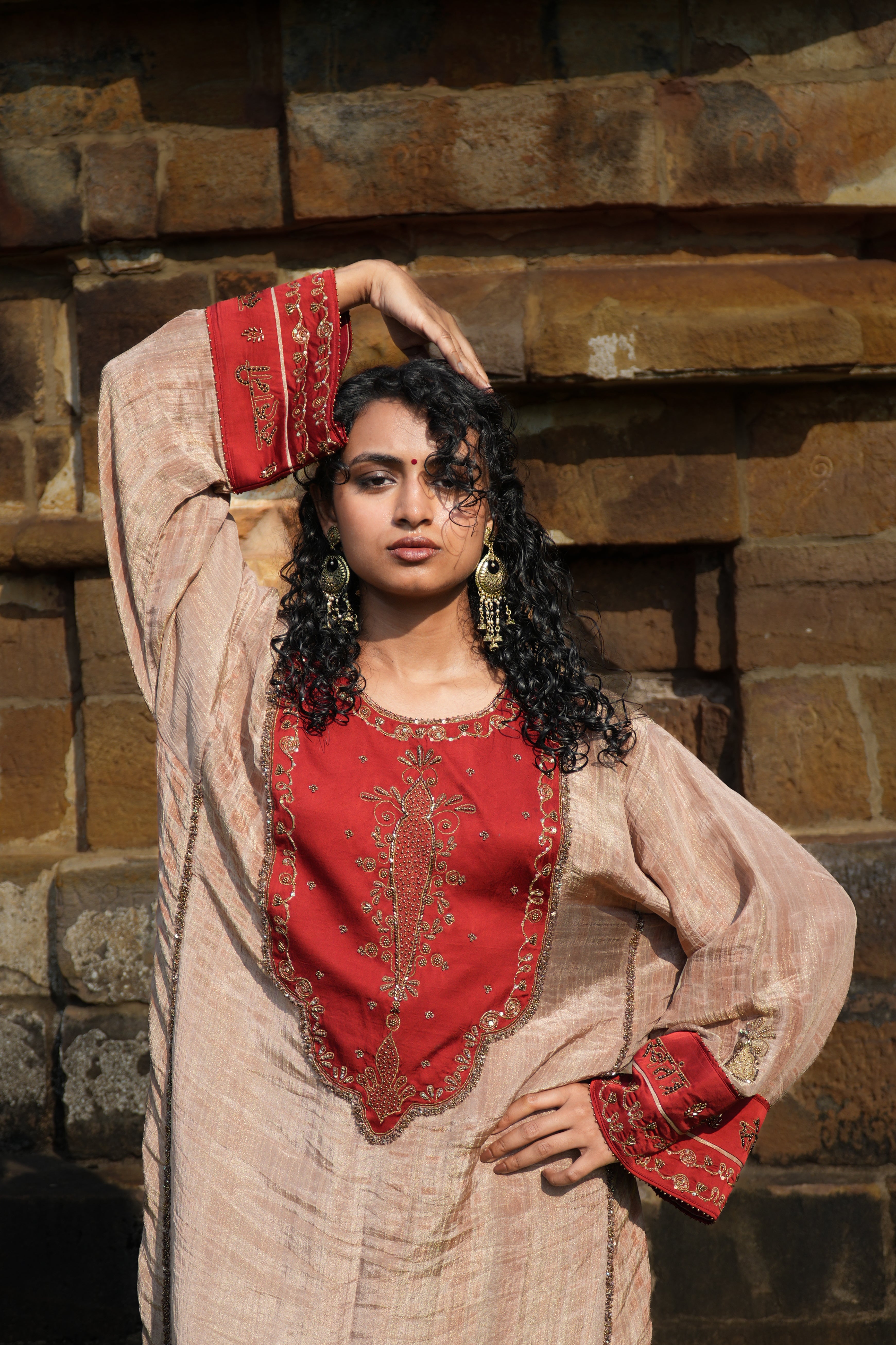 RUHAANI Hand-Embroidered Crushed Chanderi Tissue Kurta Set