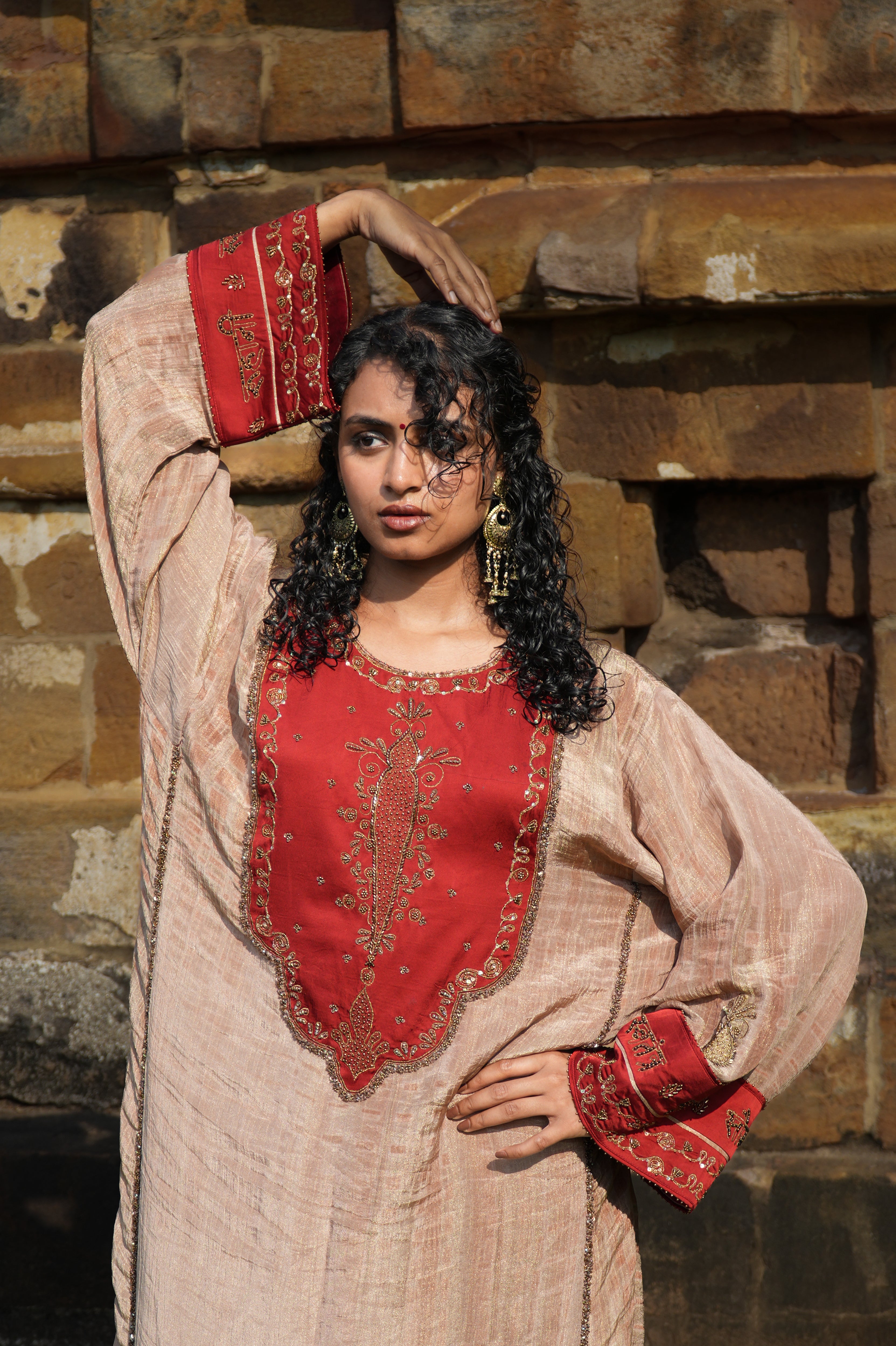 RUHAANI Hand-Embroidered Crushed Chanderi Tissue Kurta Set