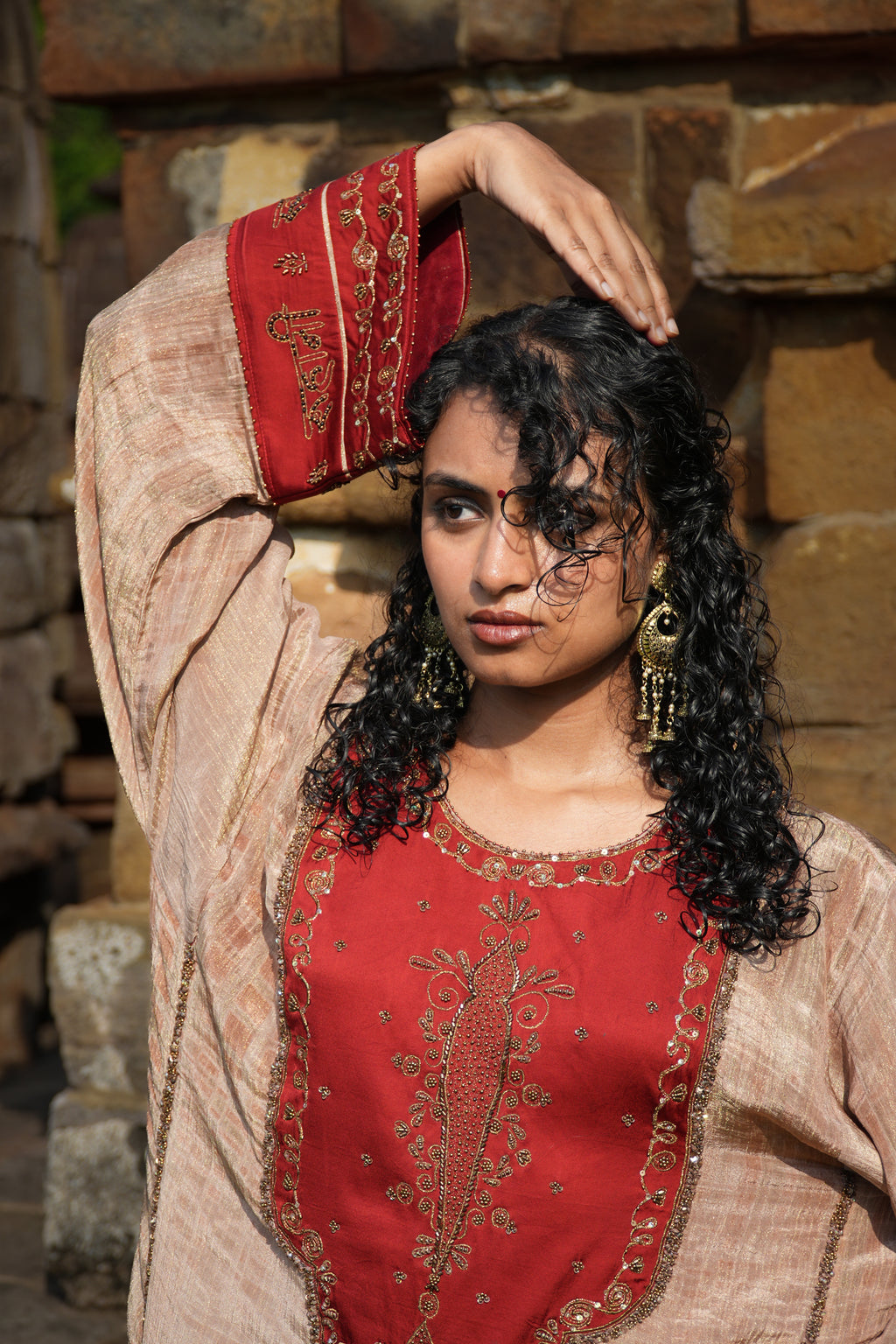RUHAANI Hand-Embroidered Crushed Chanderi Tissue Kurta Set