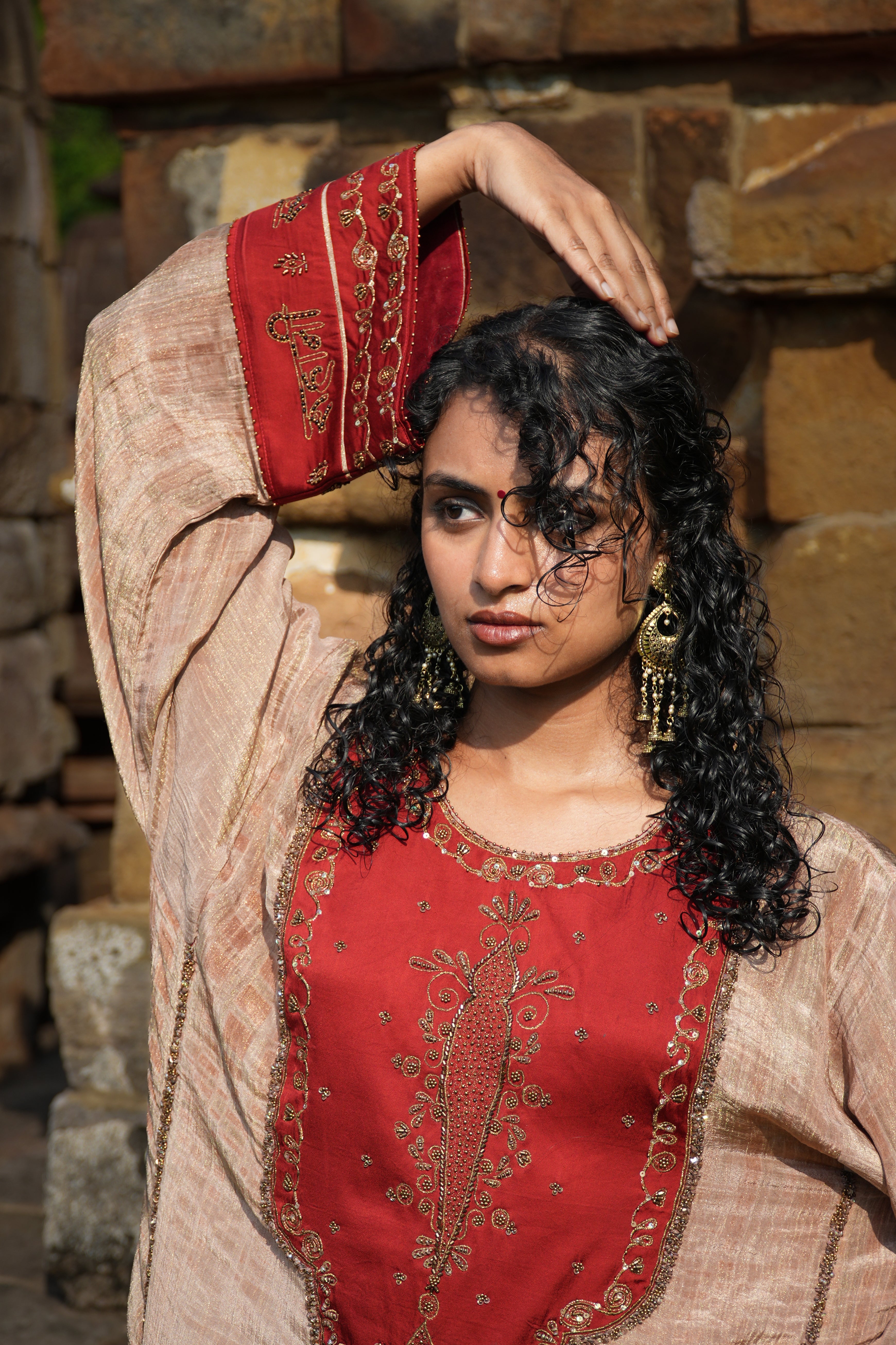 RUHAANI Hand-Embroidered Crushed Chanderi Tissue Kurta Set