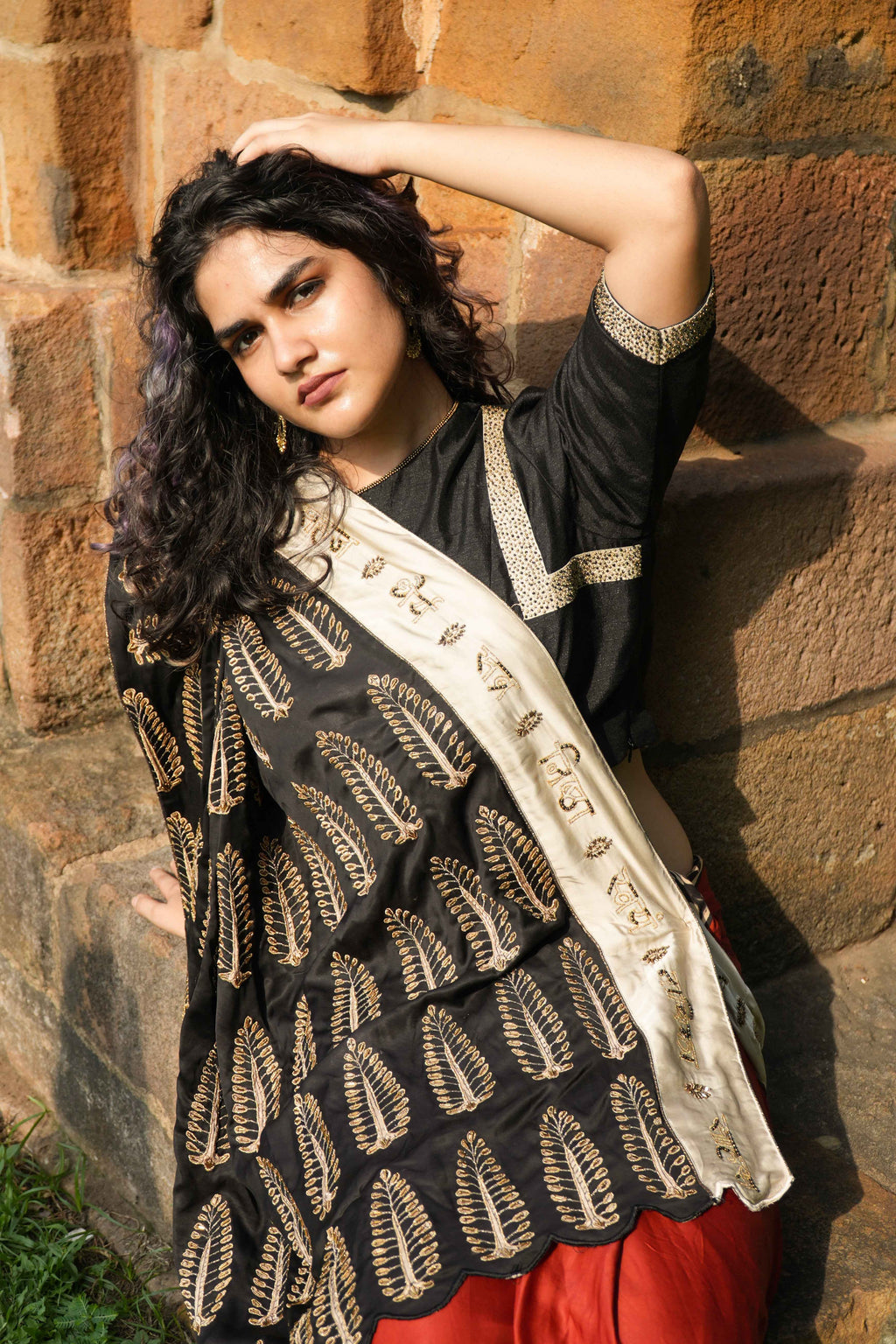Veera Hand-Embroidered Ajrakh Modal Silk Saree with Silk Blend Blouse