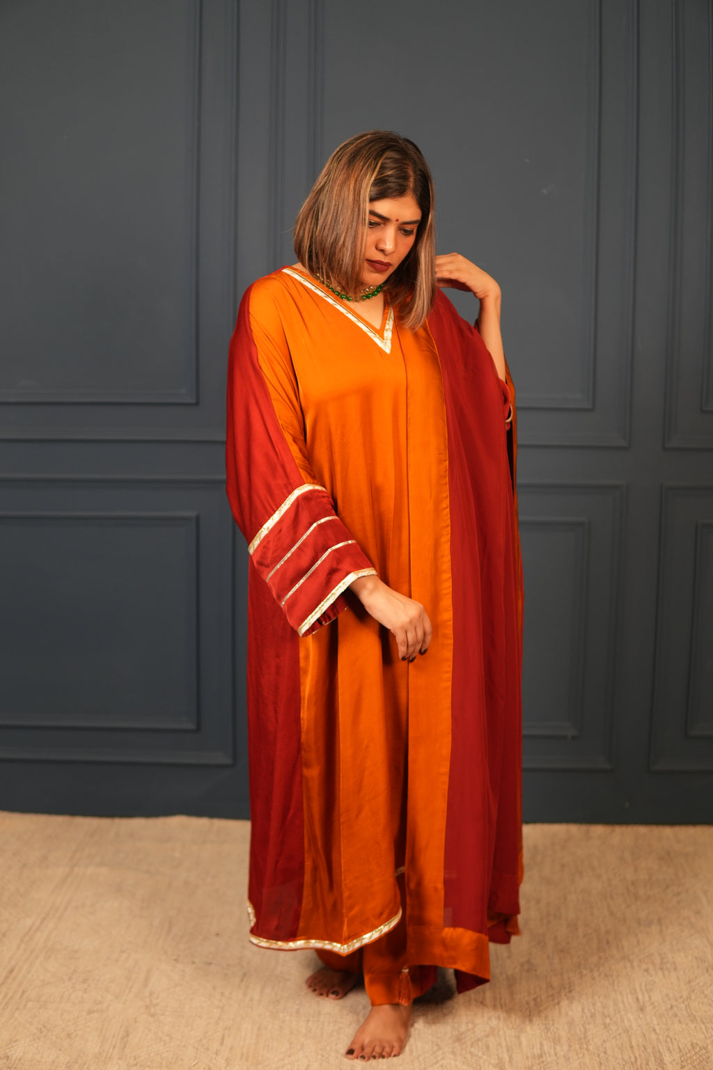 NOOR-E-SEHAR BRICK & SAFFRON KURTA SET