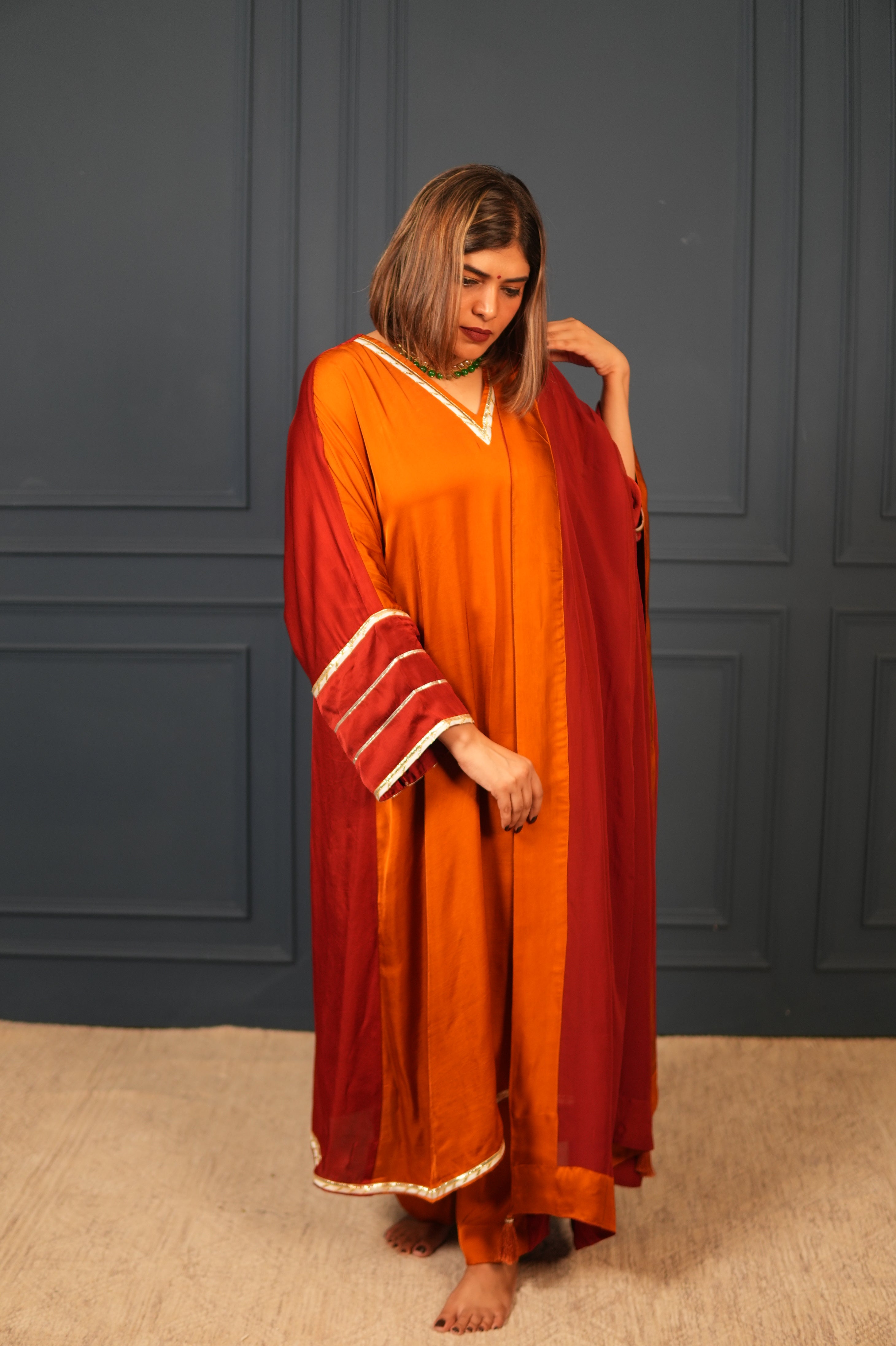 NOOR-E-SEHAR BRICK & SAFFRON KURTA SET