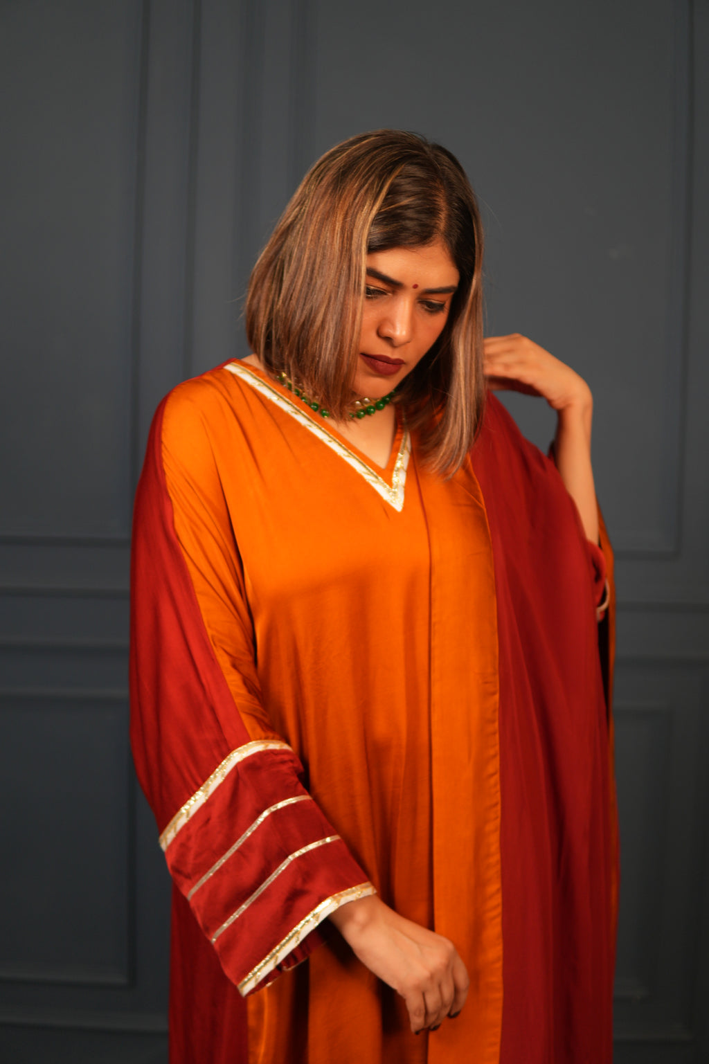 NOOR-E-SEHAR BRICK & SAFFRON KURTA SET