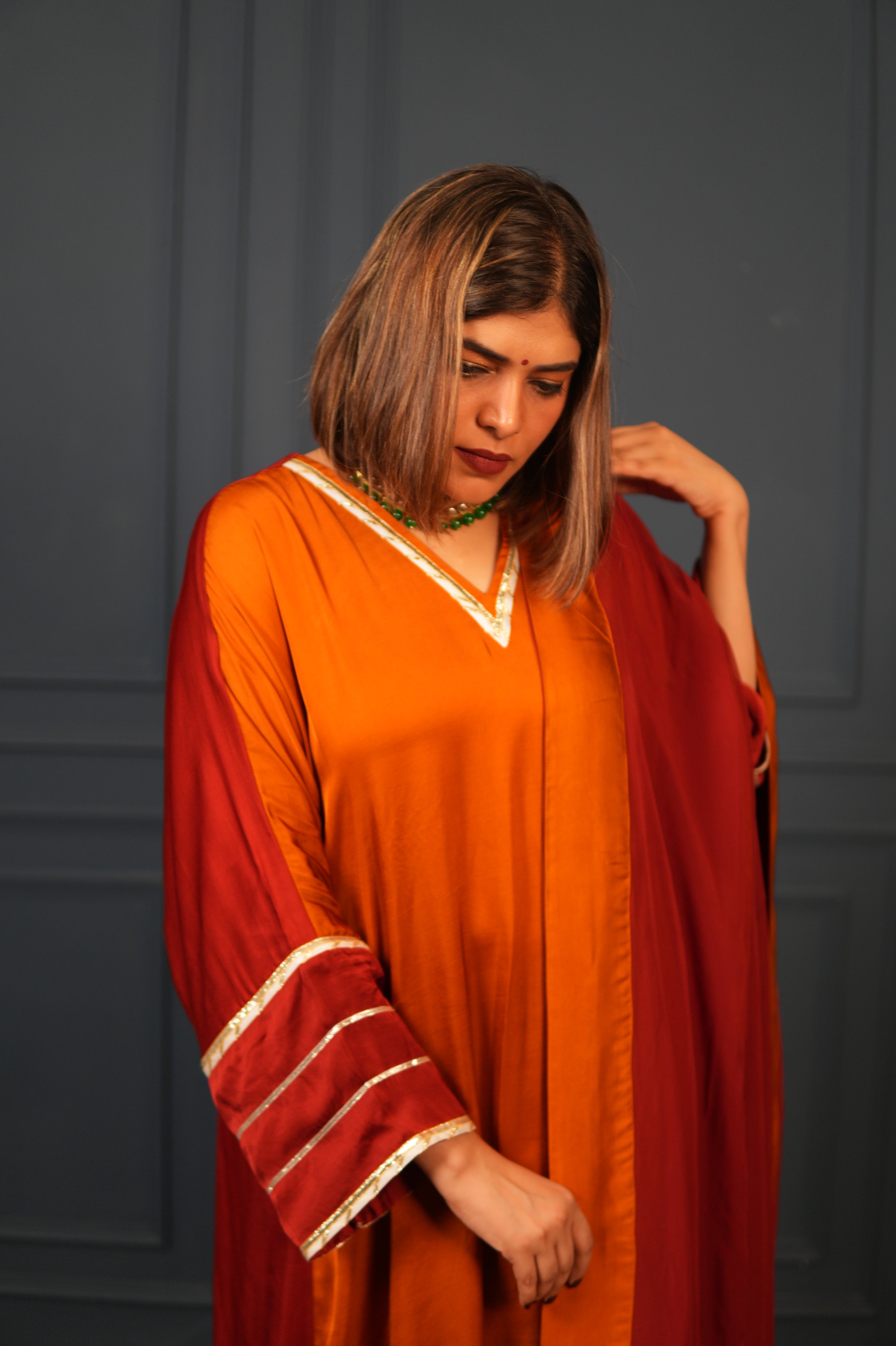 NOOR-E-SEHAR BRICK & SAFFRON KURTA SET