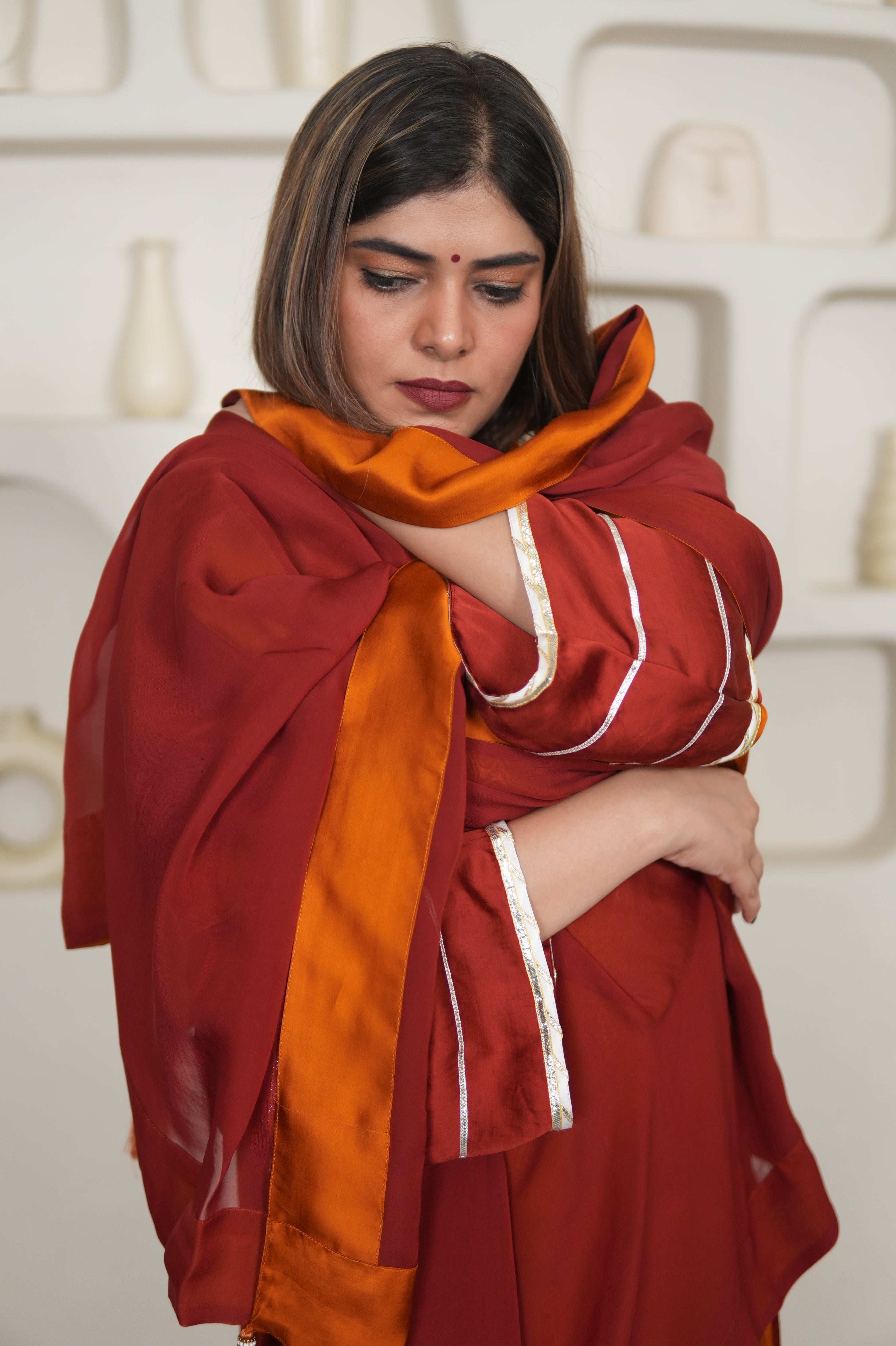 NOOR-E-SEHAR BRICK & SAFFRON KURTA SET