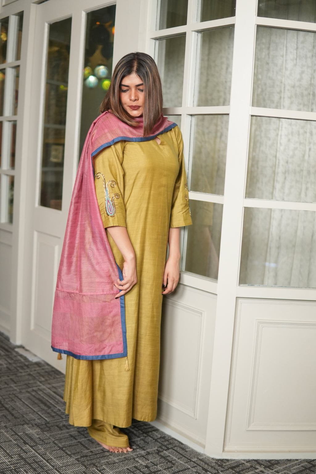SUNEHRI MAATI – HANDWOVEN MUSTARD KURTA AND FARSHI SHALWAR SET