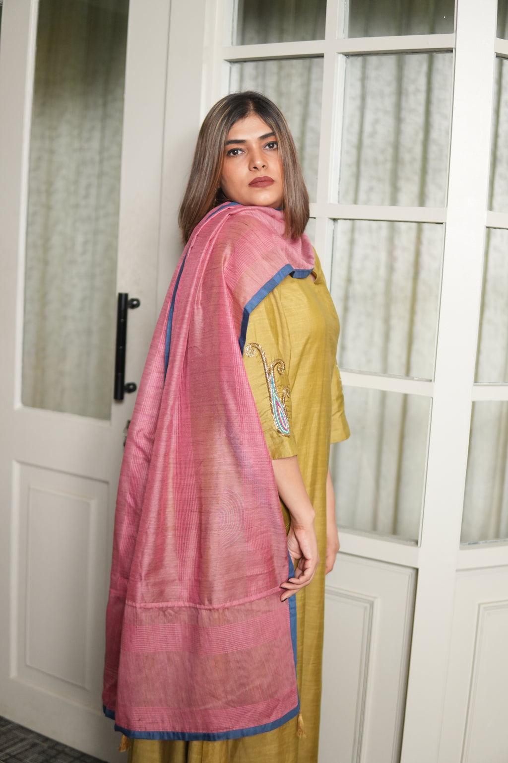 SUNEHRI MAATI – HANDWOVEN MUSTARD KURTA AND FARSHI SHALWAR SET