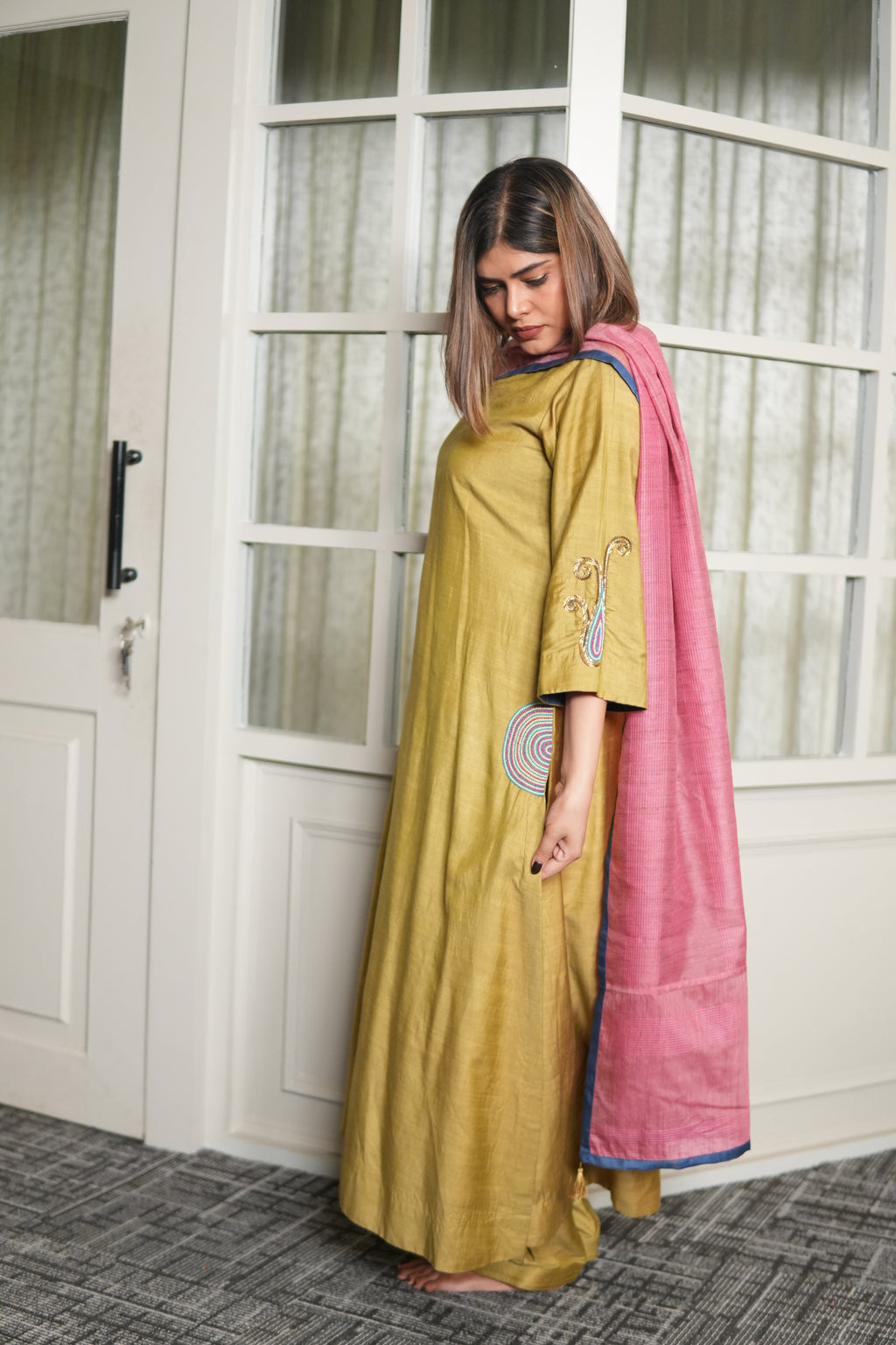 SUNEHRI MAATI – HANDWOVEN MUSTARD KURTA AND FARSHI SHALWAR SET