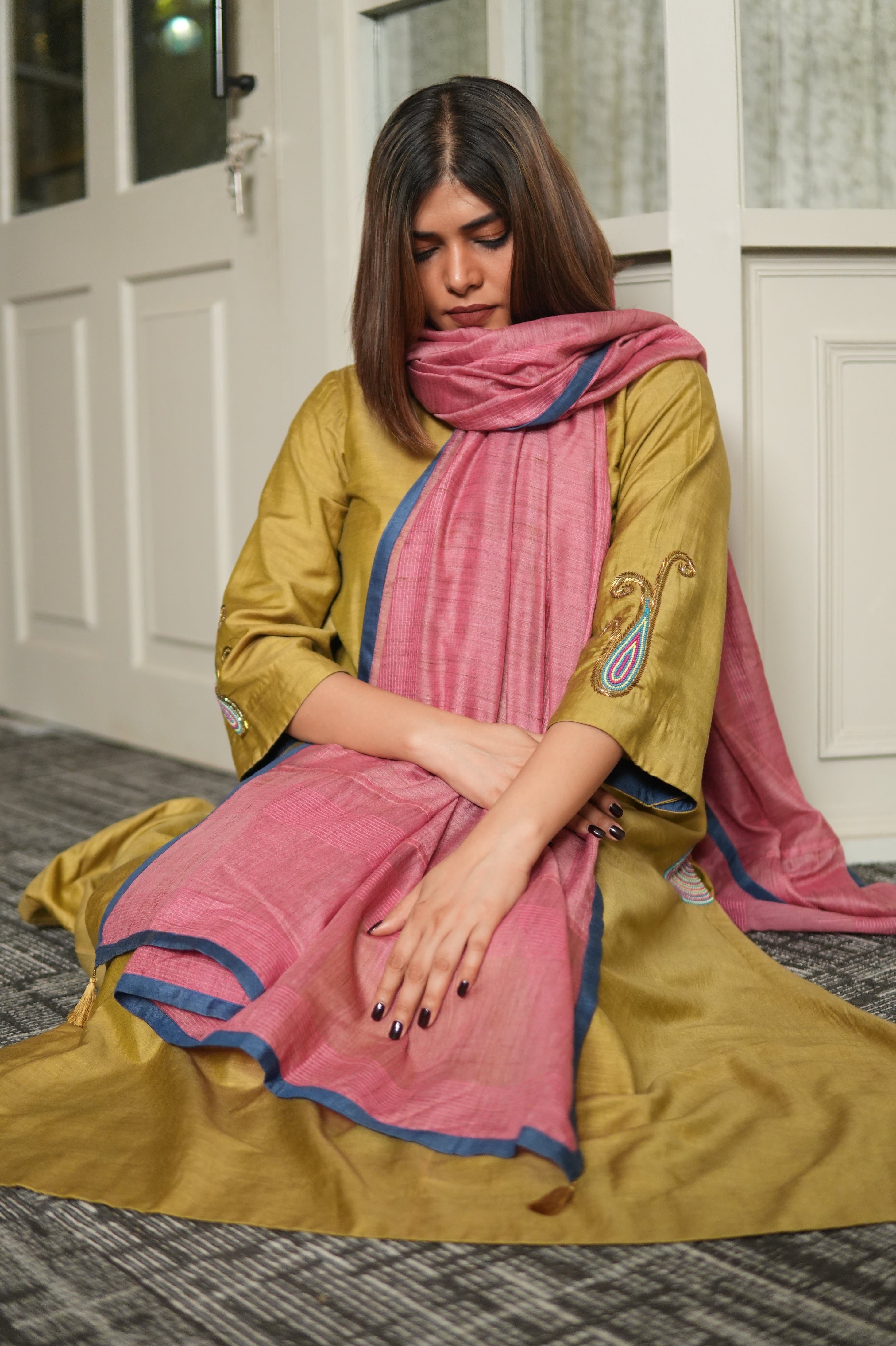 SUNEHRI MAATI – HANDWOVEN MUSTARD KURTA AND FARSHI SHALWAR SET