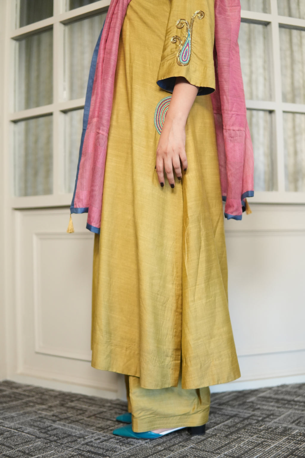 SUNEHRI MAATI – HANDWOVEN MUSTARD KURTA AND FARSHI SHALWAR SET