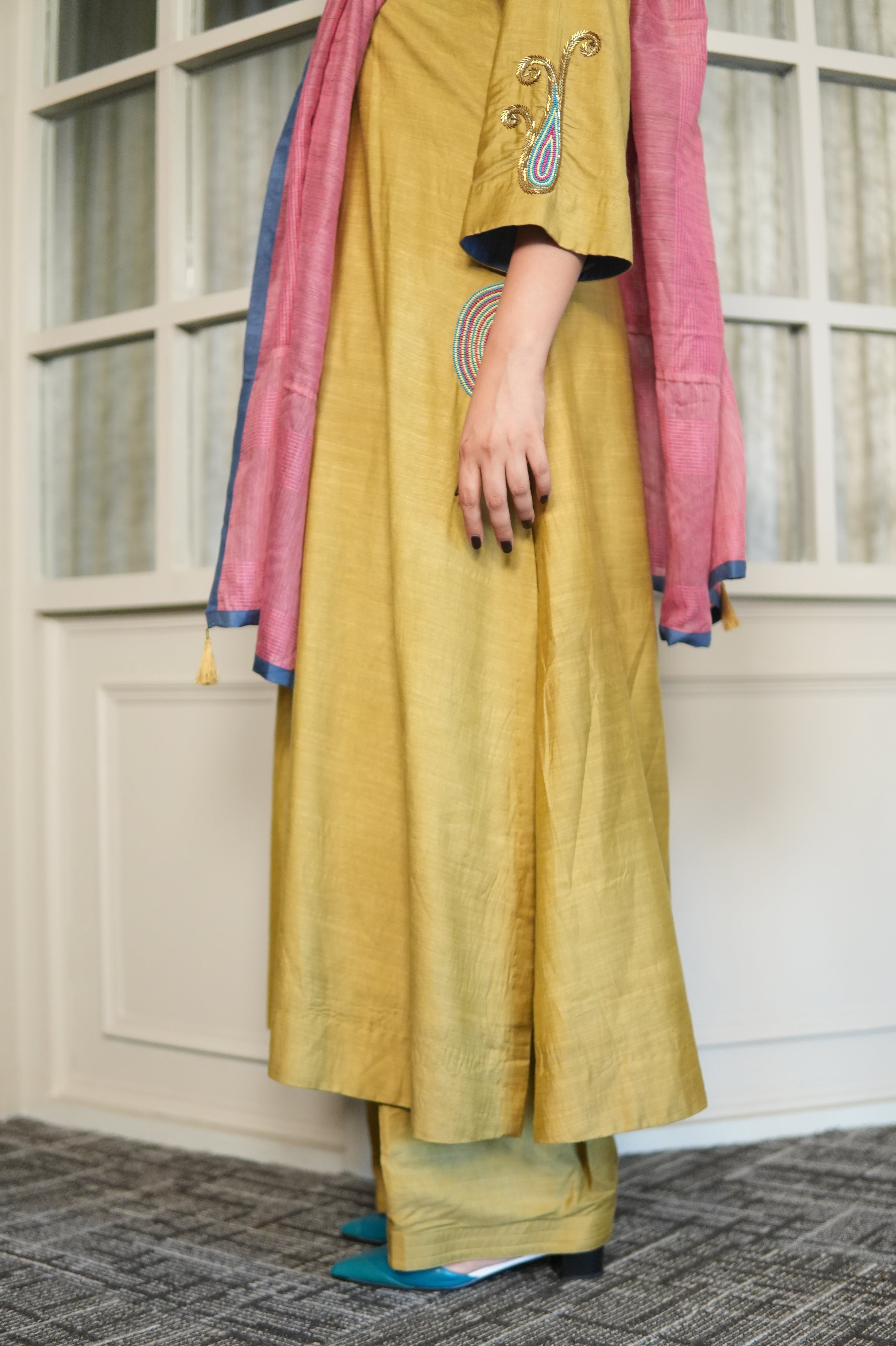 SUNEHRI MAATI – HANDWOVEN MUSTARD KURTA AND FARSHI SHALWAR SET