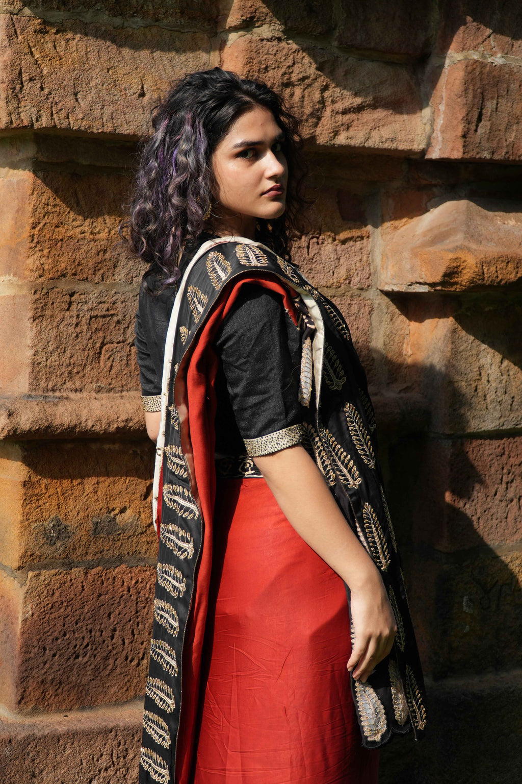 Veera Hand-Embroidered Ajrakh Modal Silk Saree with Silk Blend Blouse