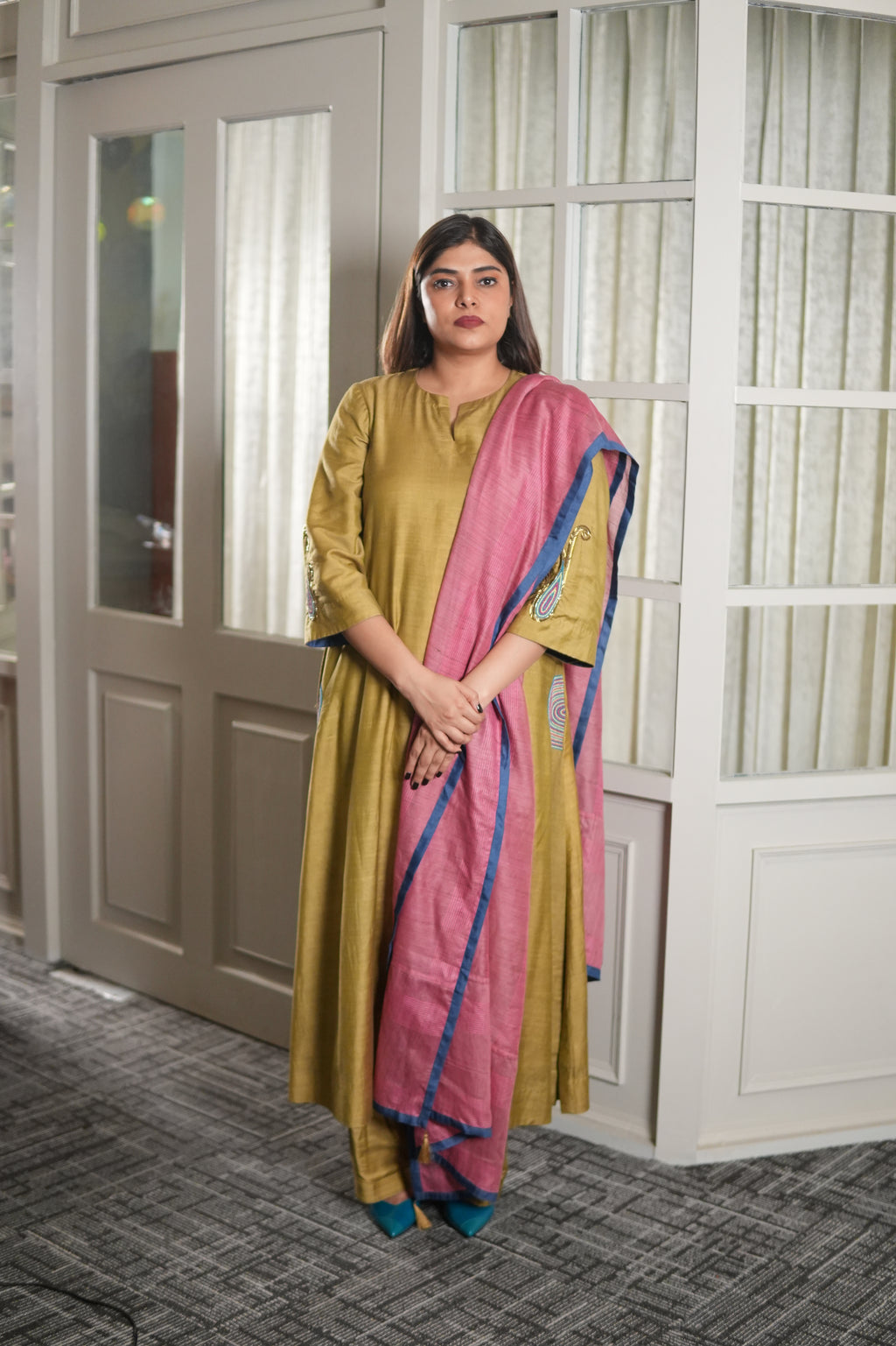 SUNEHRI MAATI – HANDWOVEN MUSTARD KURTA AND FARSHI SHALWAR SET