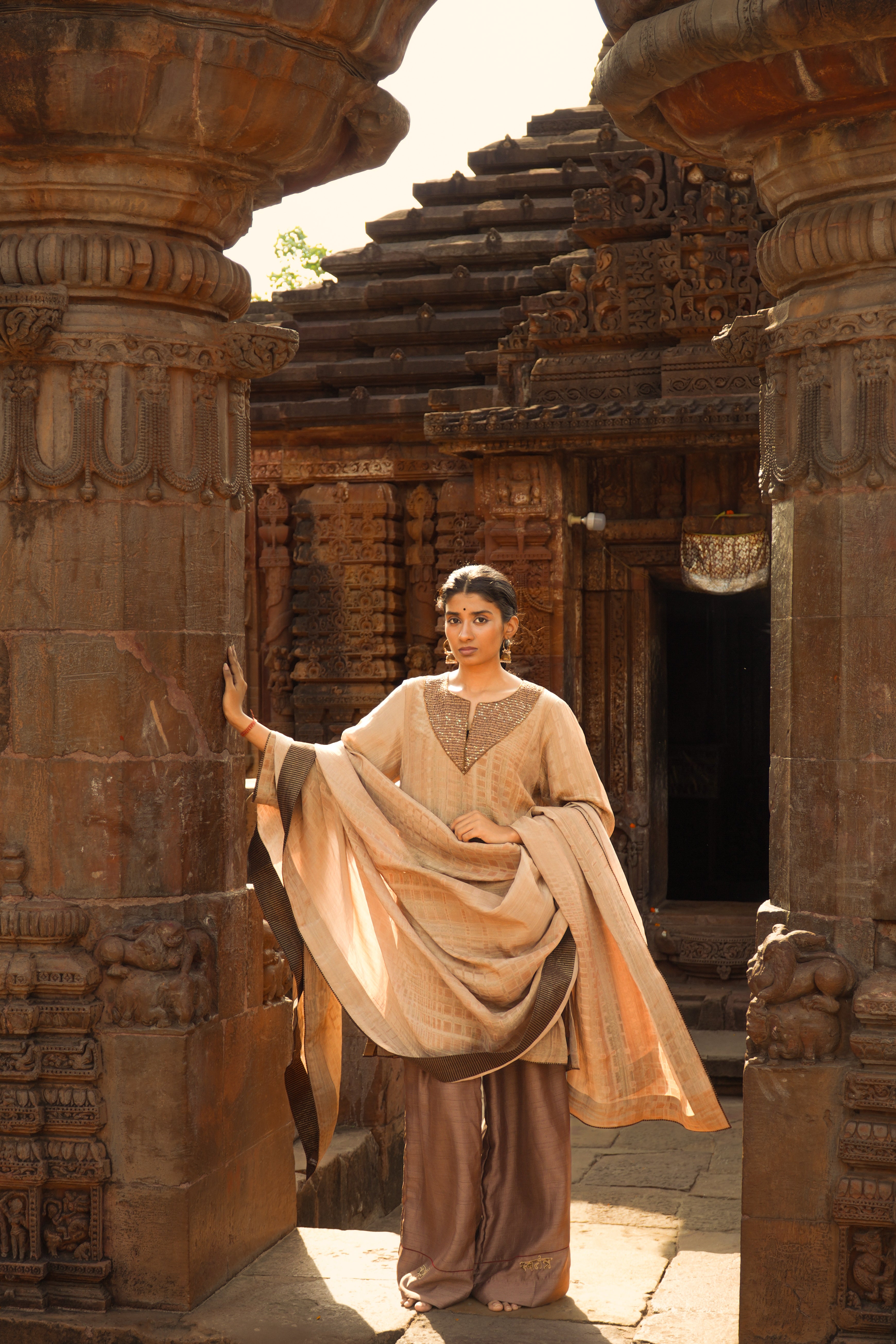 SWATANTRATA Hand-Embroidered Pure Crushed Chanderi Tissue Kurta Set